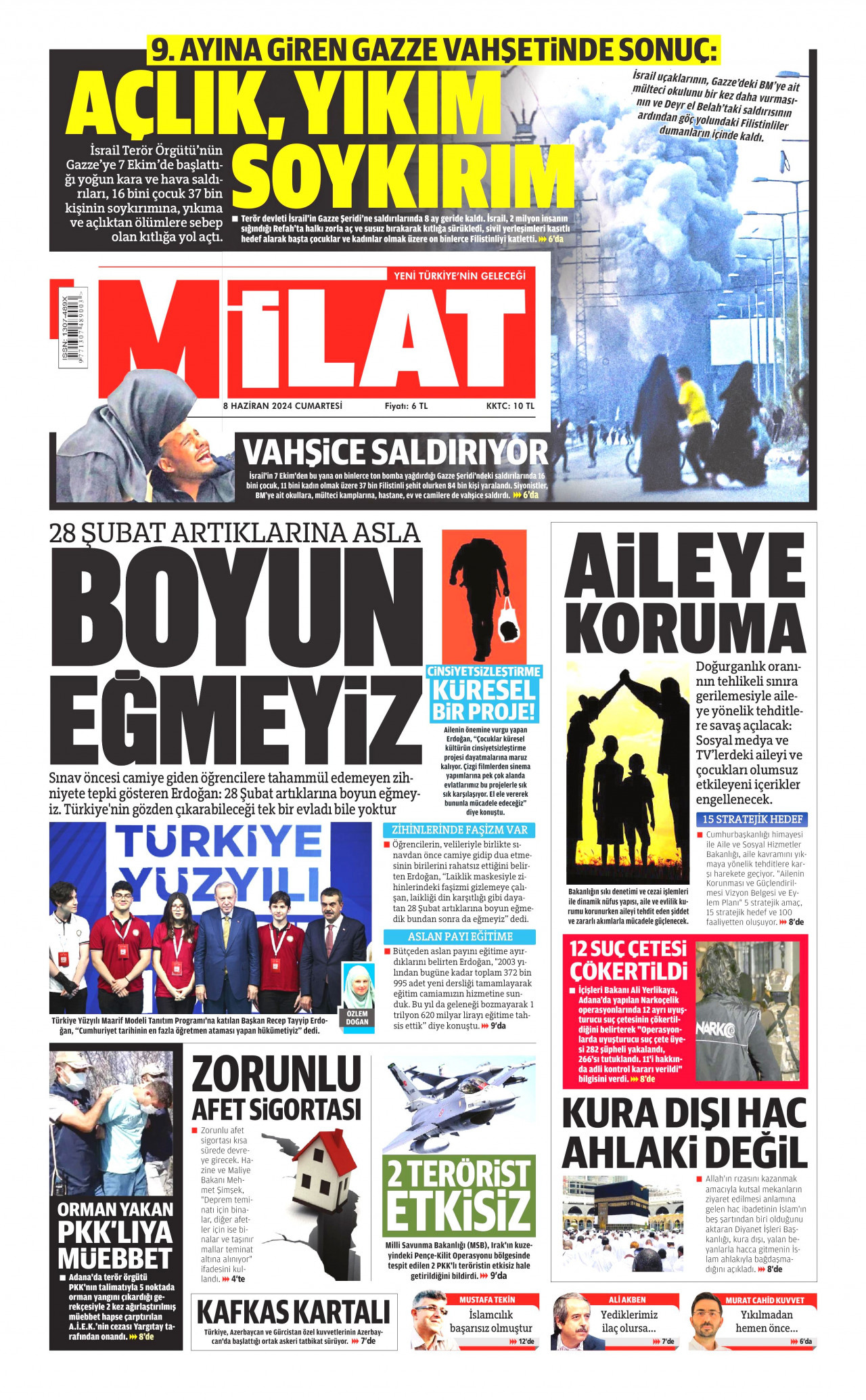 MİLAT gazetesinin 8 Haziran 2024 tarihli birinci sayfası