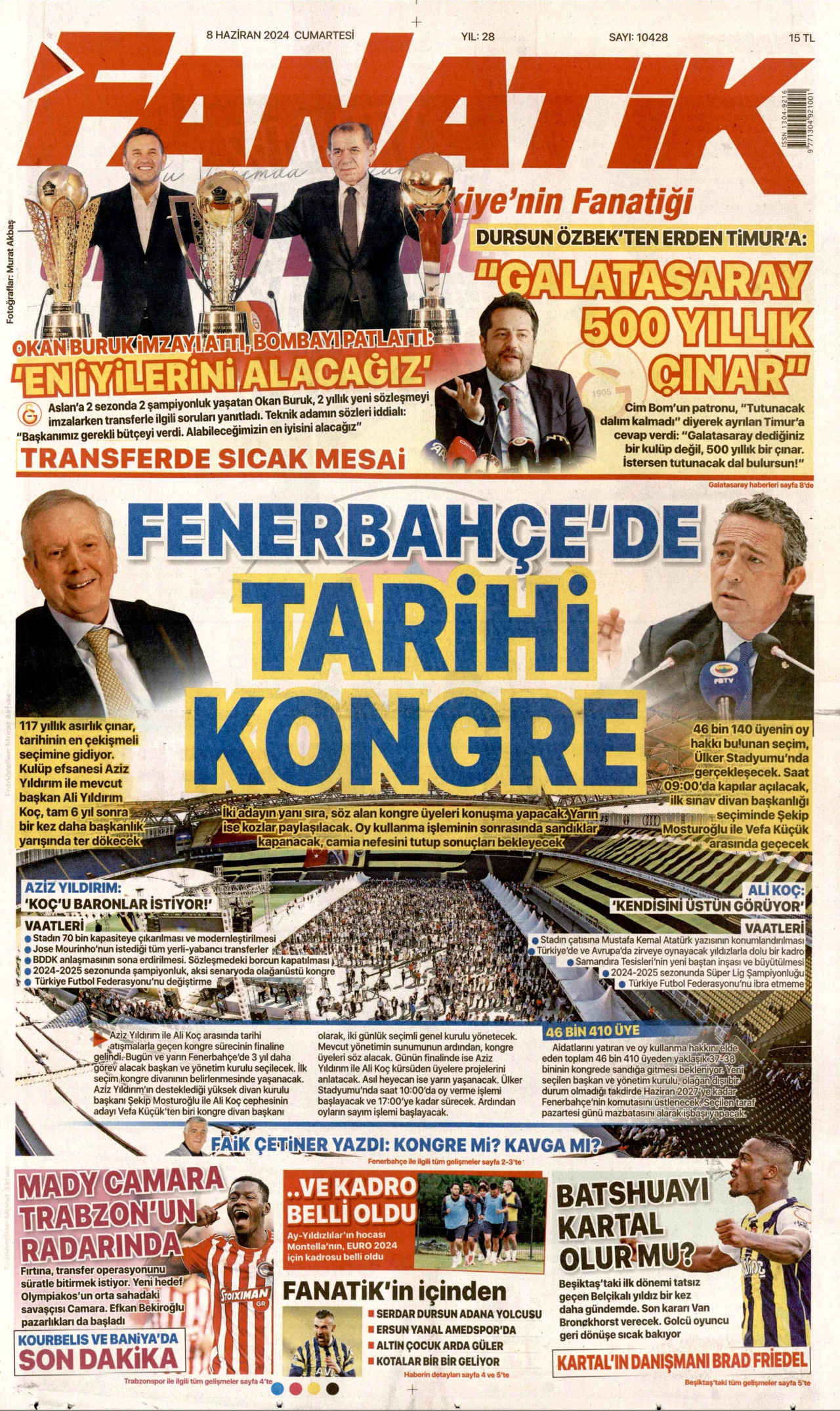 FANATİK gazetesinin 8 Haziran 2024 tarihli birinci sayfası