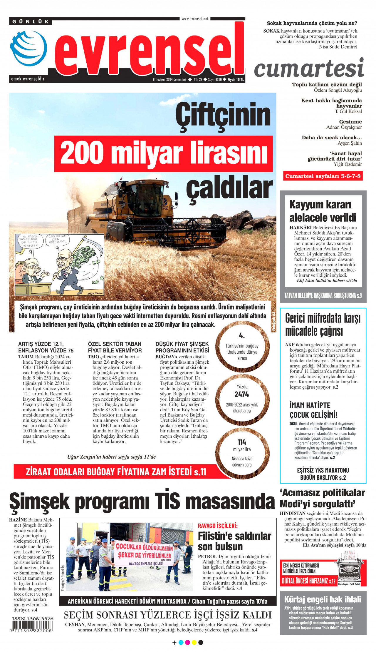 EVRENSEL gazetesinin 8 Haziran 2024 tarihli birinci sayfası