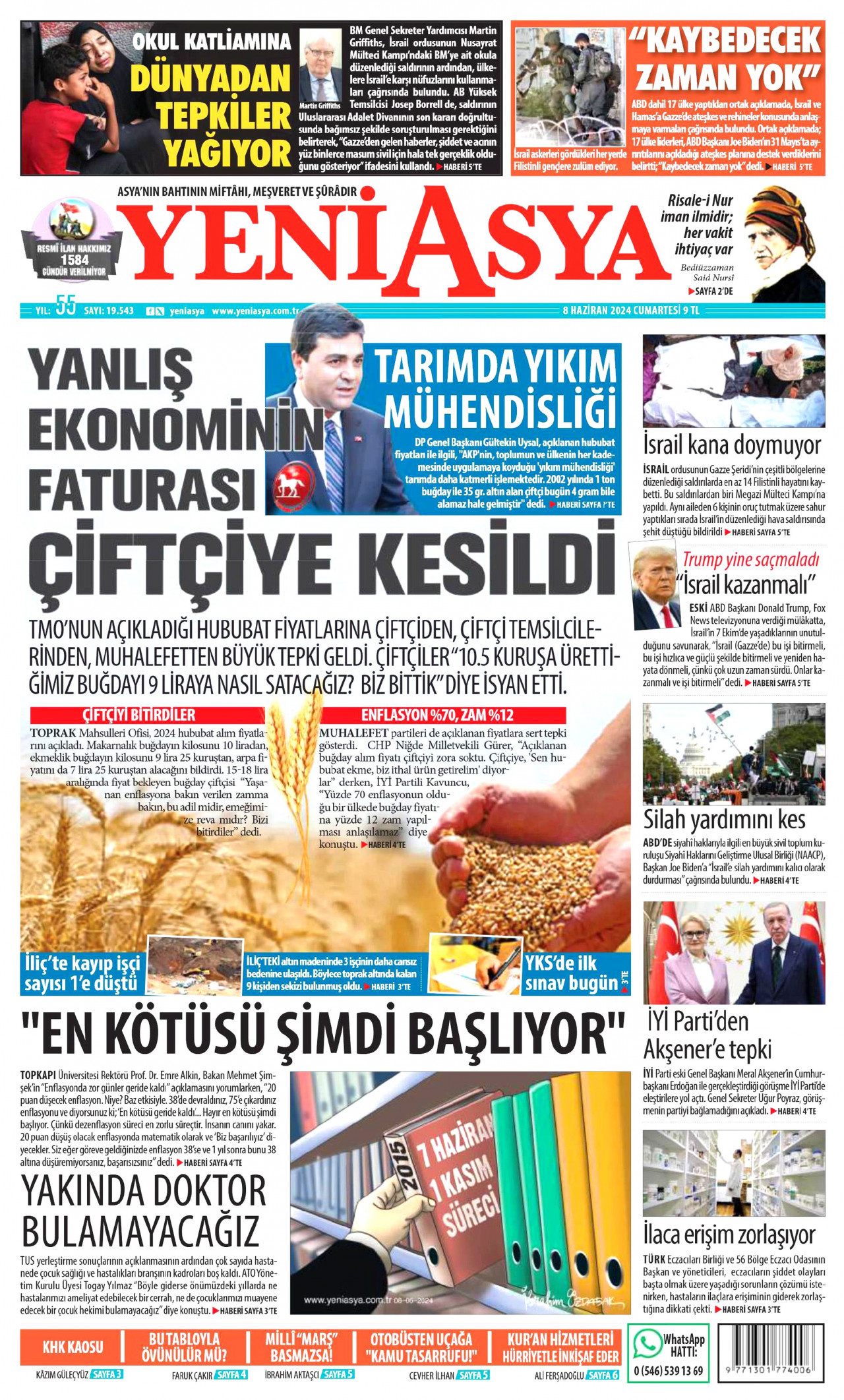 YENİ ASYA gazetesinin 8 Haziran 2024 tarihli birinci sayfası