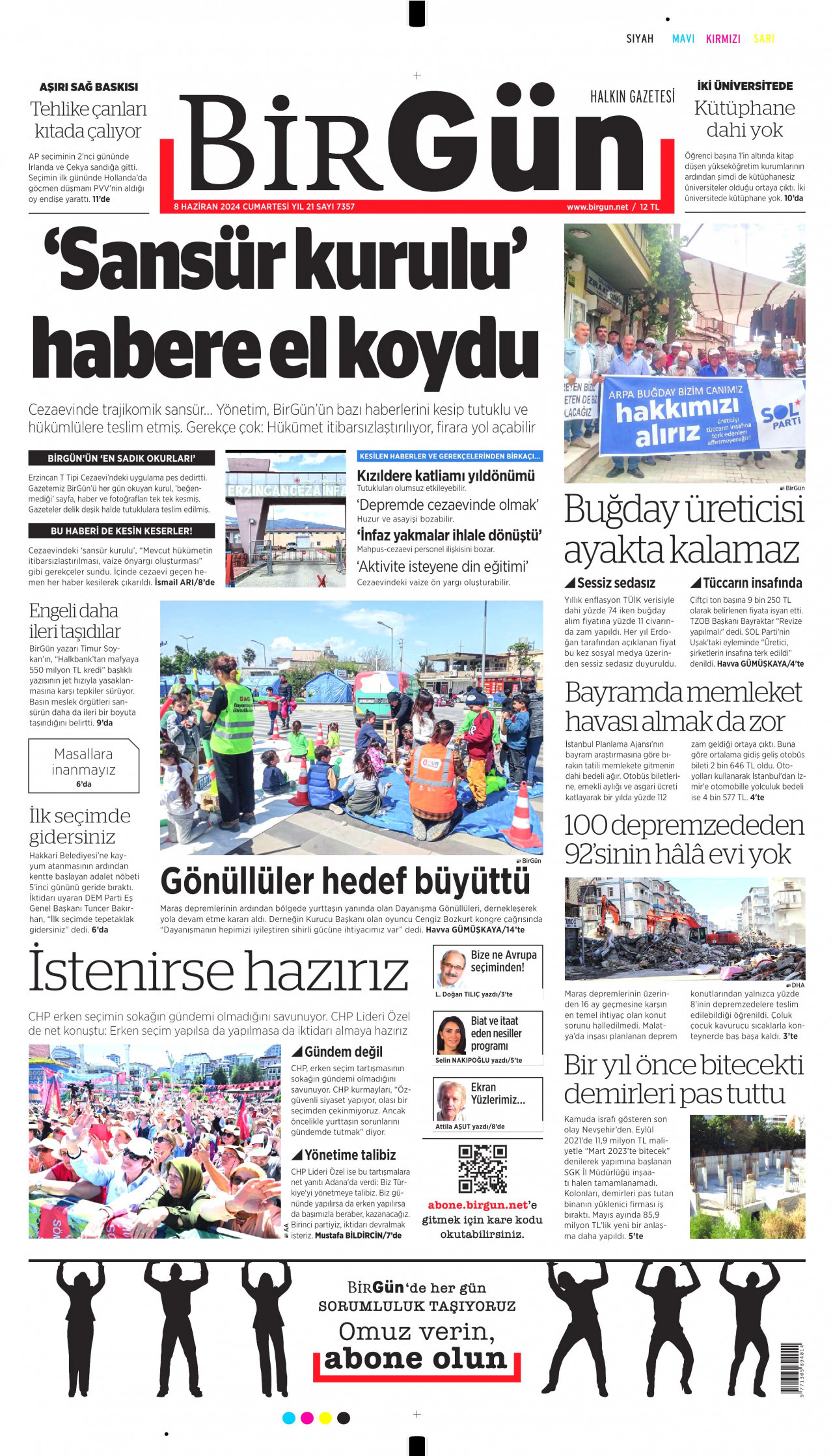 BİRGÜN gazetesinin 8 Haziran 2024 tarihli birinci sayfası