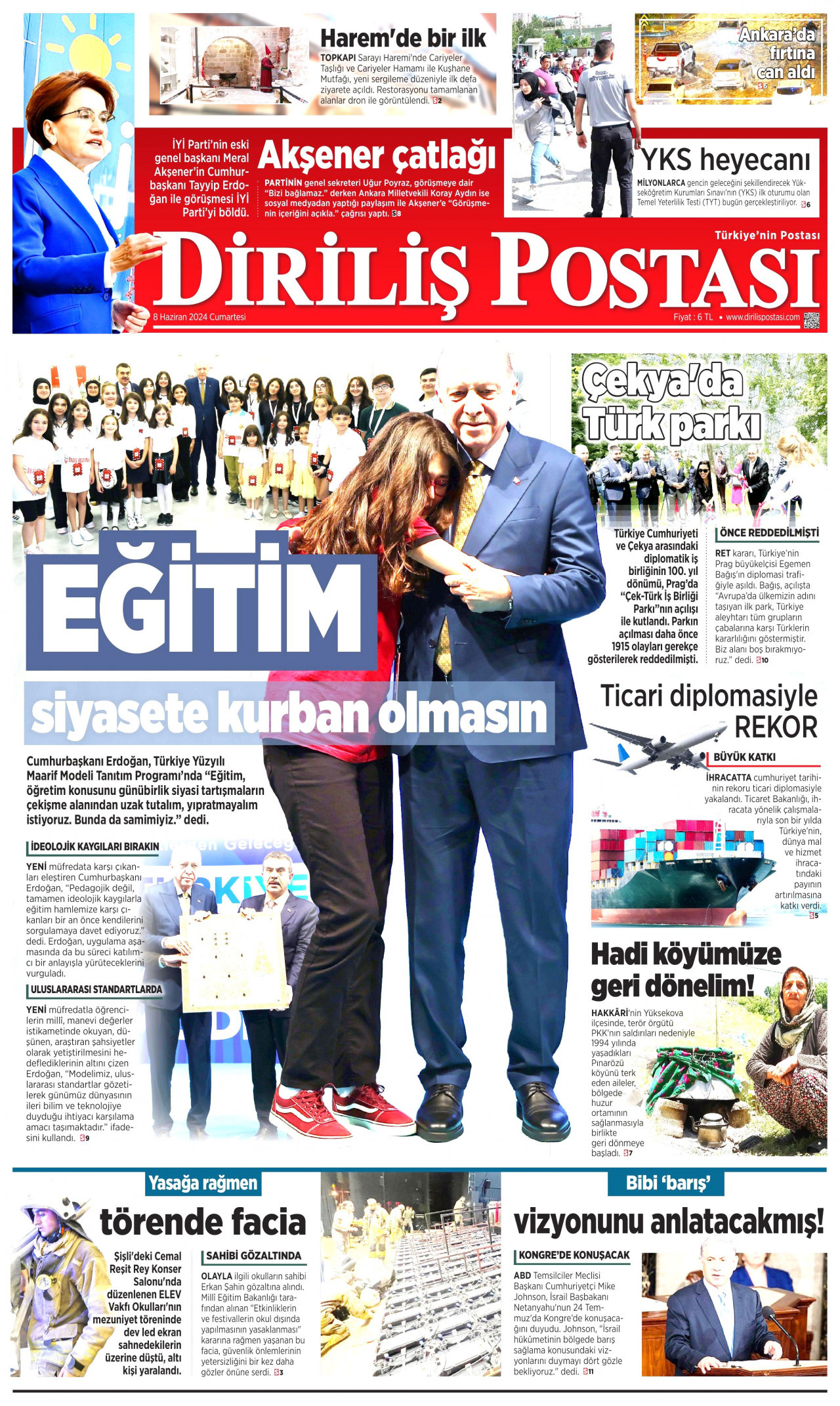DİRİLİŞ POSTASI gazetesinin 8 Haziran 2024 tarihli birinci sayfası