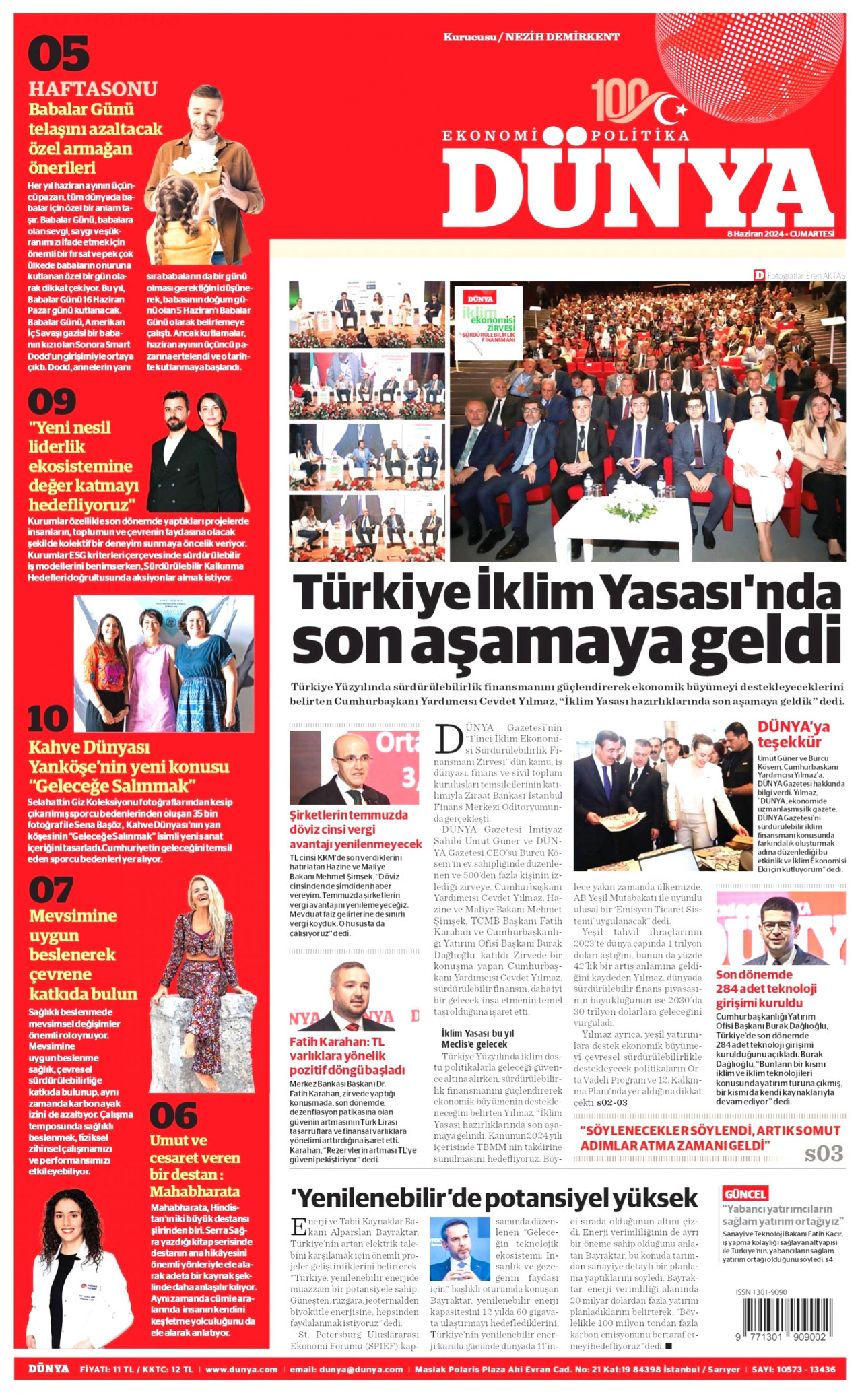DÜNYA gazetesinin 8 Haziran 2024 tarihli birinci sayfası
