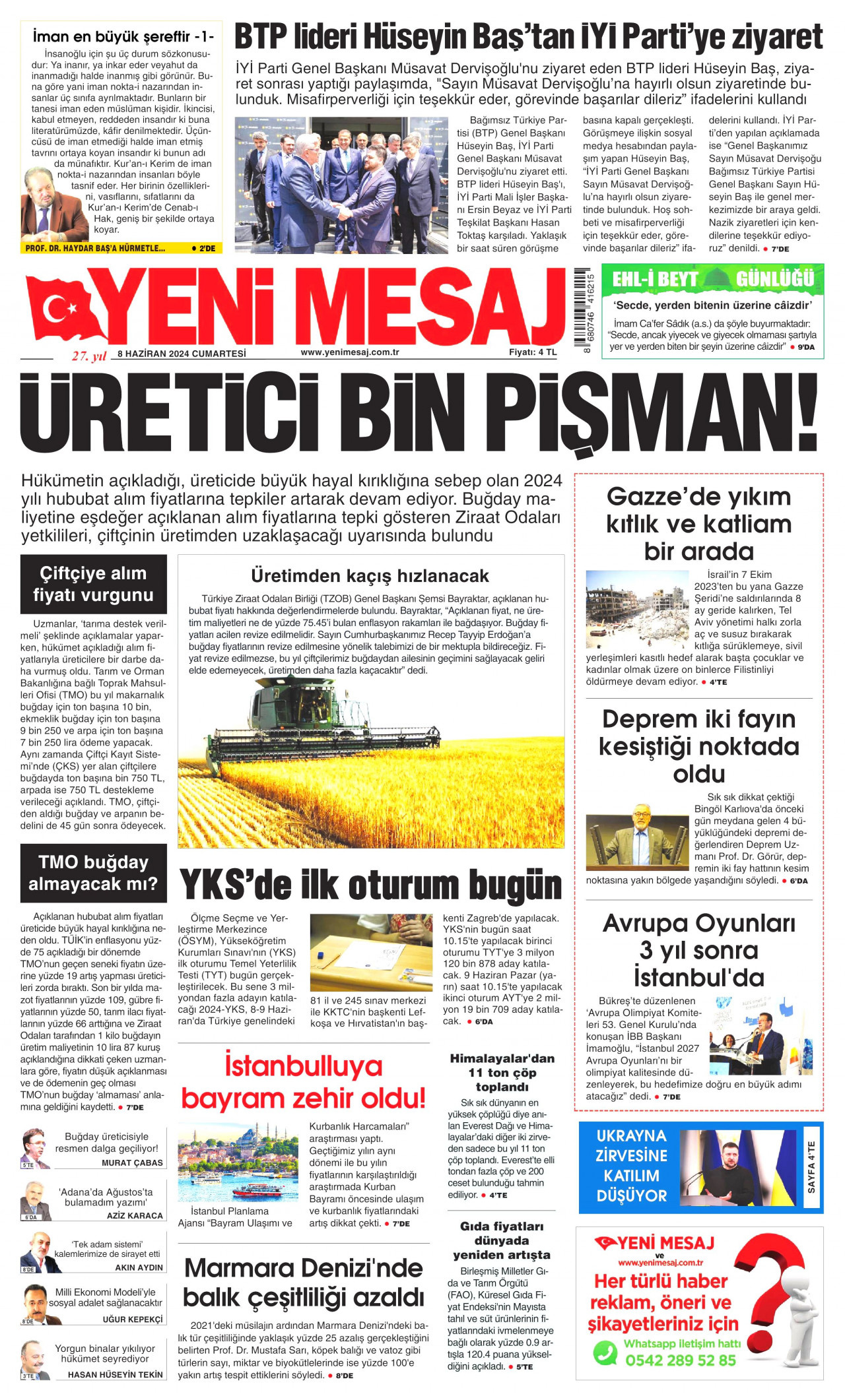 YENİ MESAJ gazetesinin 8 Haziran 2024 tarihli birinci sayfası