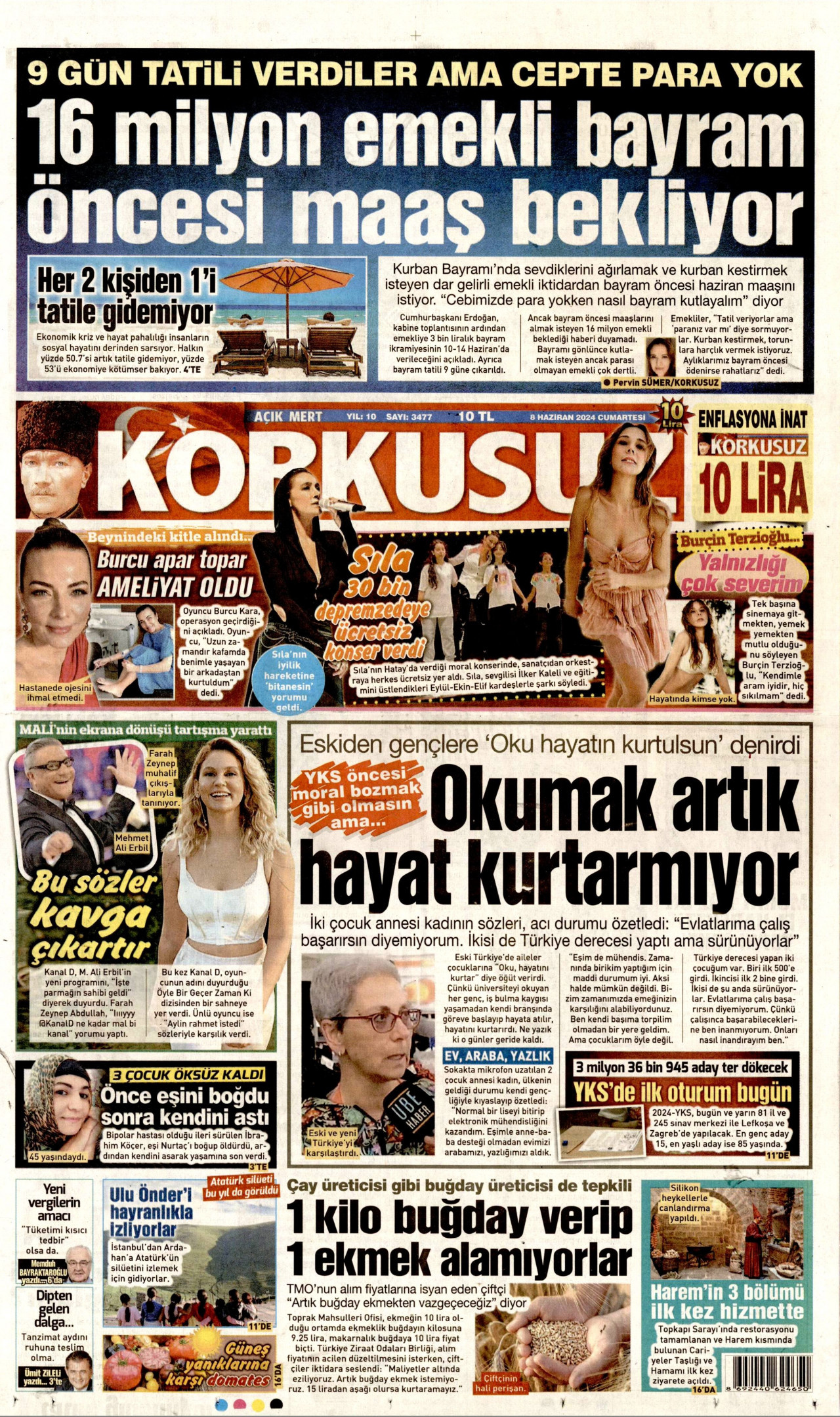 KORKUSUZ gazetesinin 8 Haziran 2024 tarihli birinci sayfası