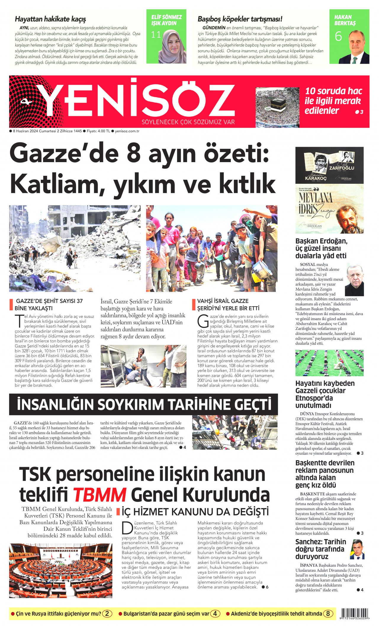 YENİ SÖZ GAZETESİ gazetesinin 8 Haziran 2024 tarihli birinci sayfası