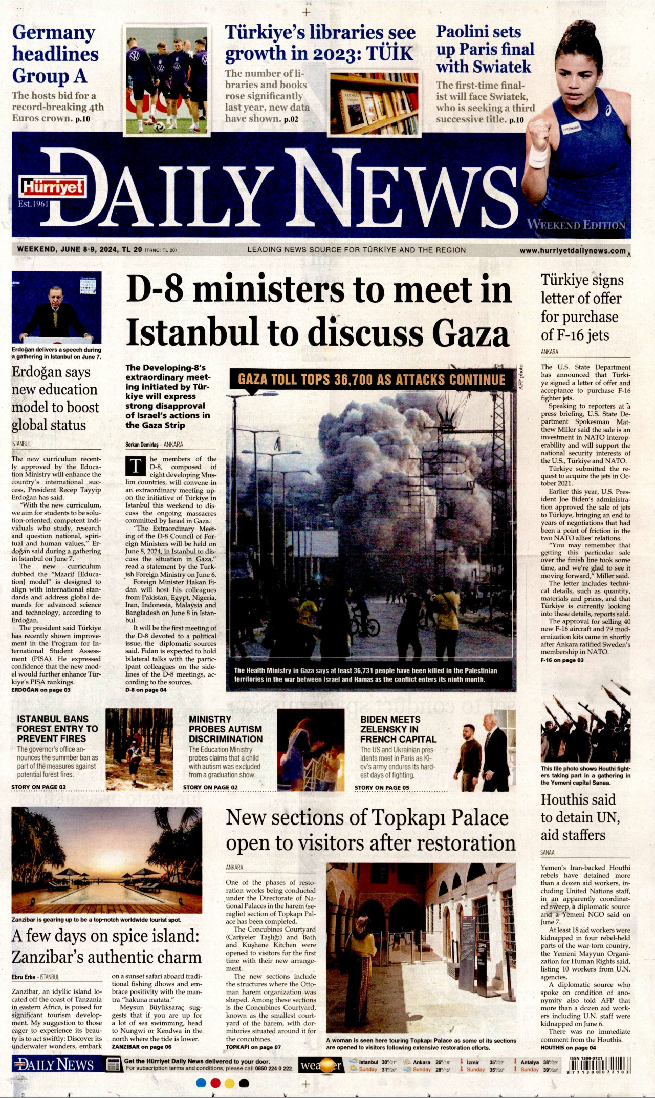 HÜRRİYET DAİLY NEWS gazetesinin 8 Haziran 2024 tarihli birinci sayfası