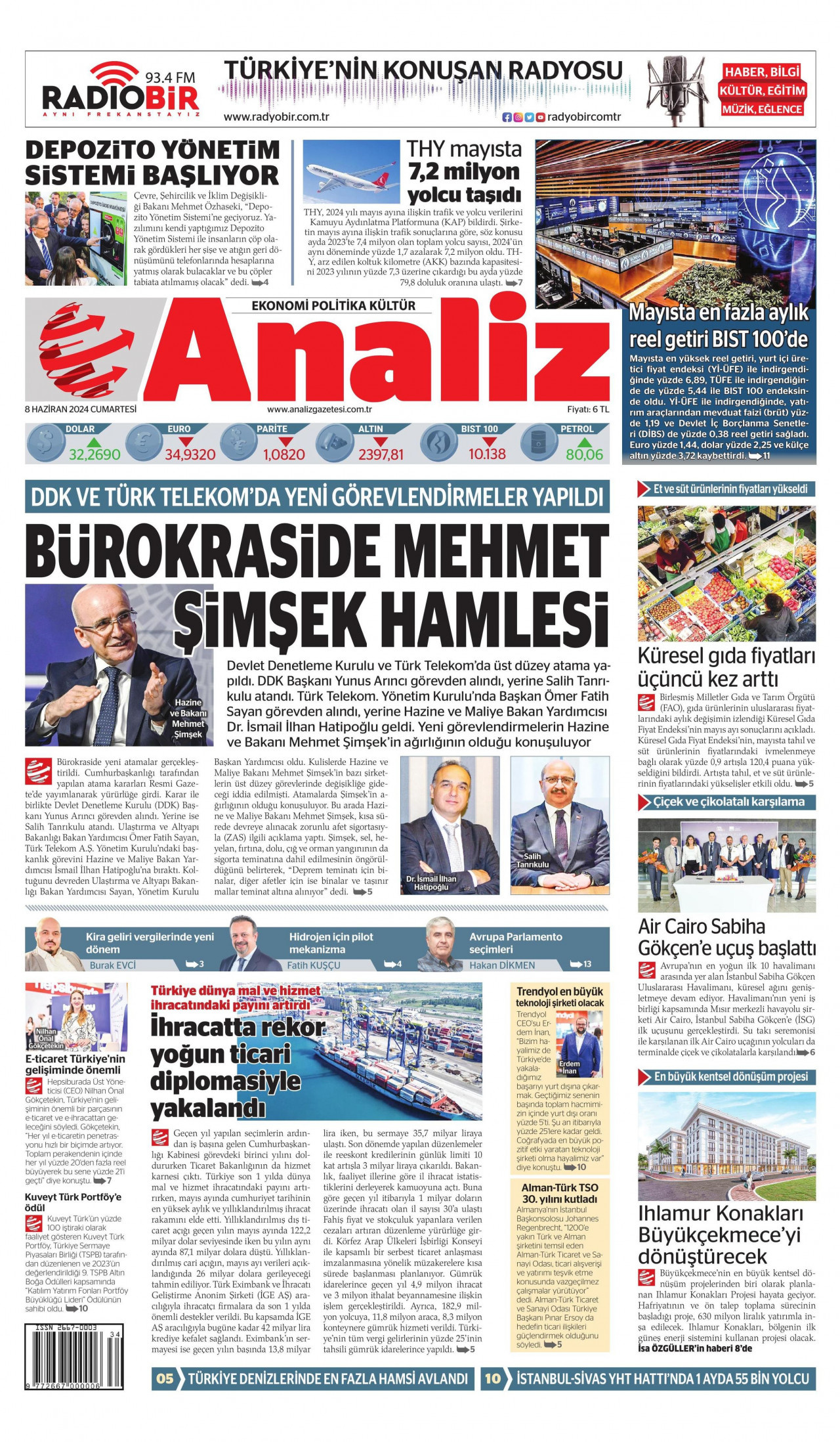 ANALİZ gazetesinin 8 Haziran 2024 tarihli birinci sayfası