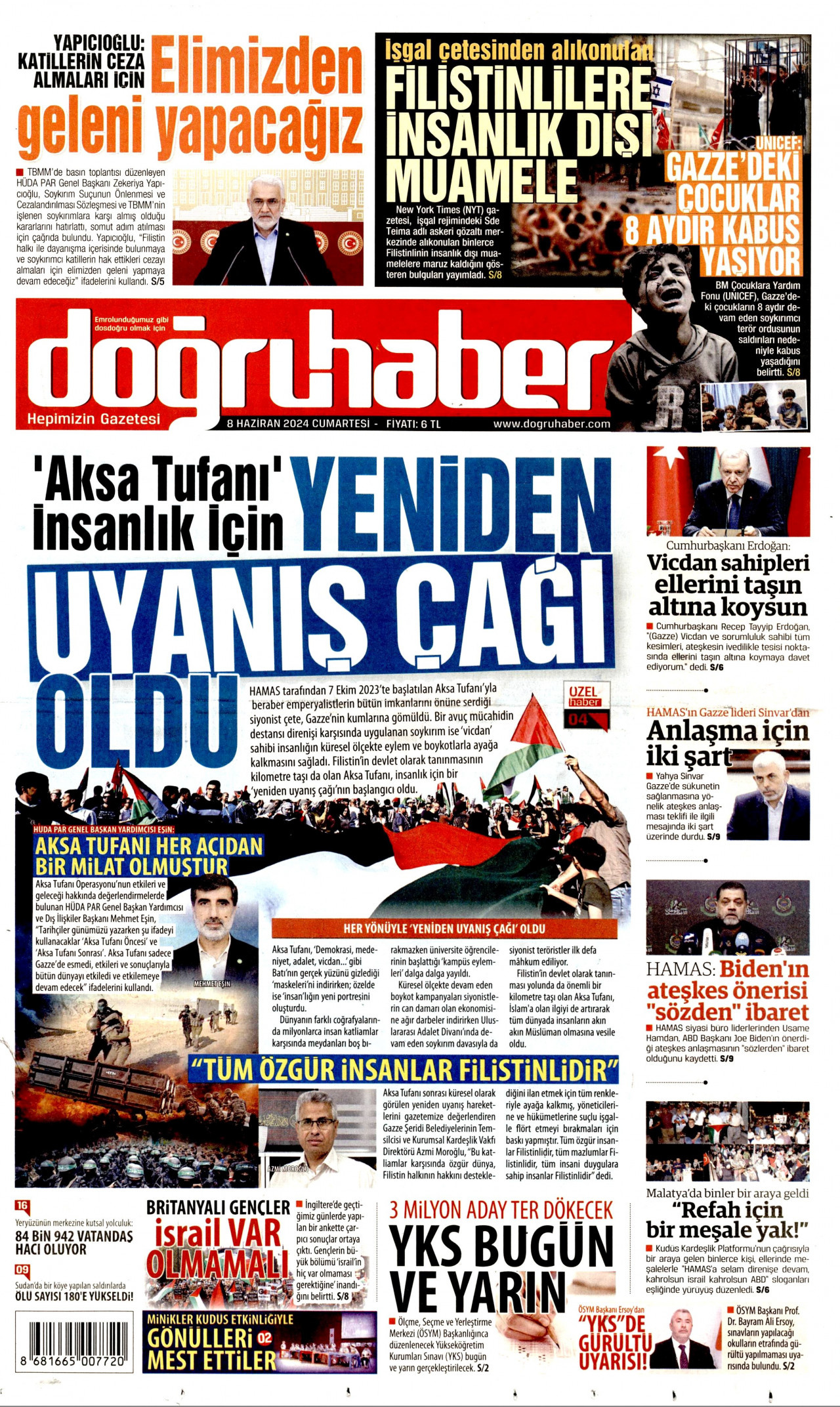 DOĞRU HABER gazetesinin 8 Haziran 2024 tarihli birinci sayfası
