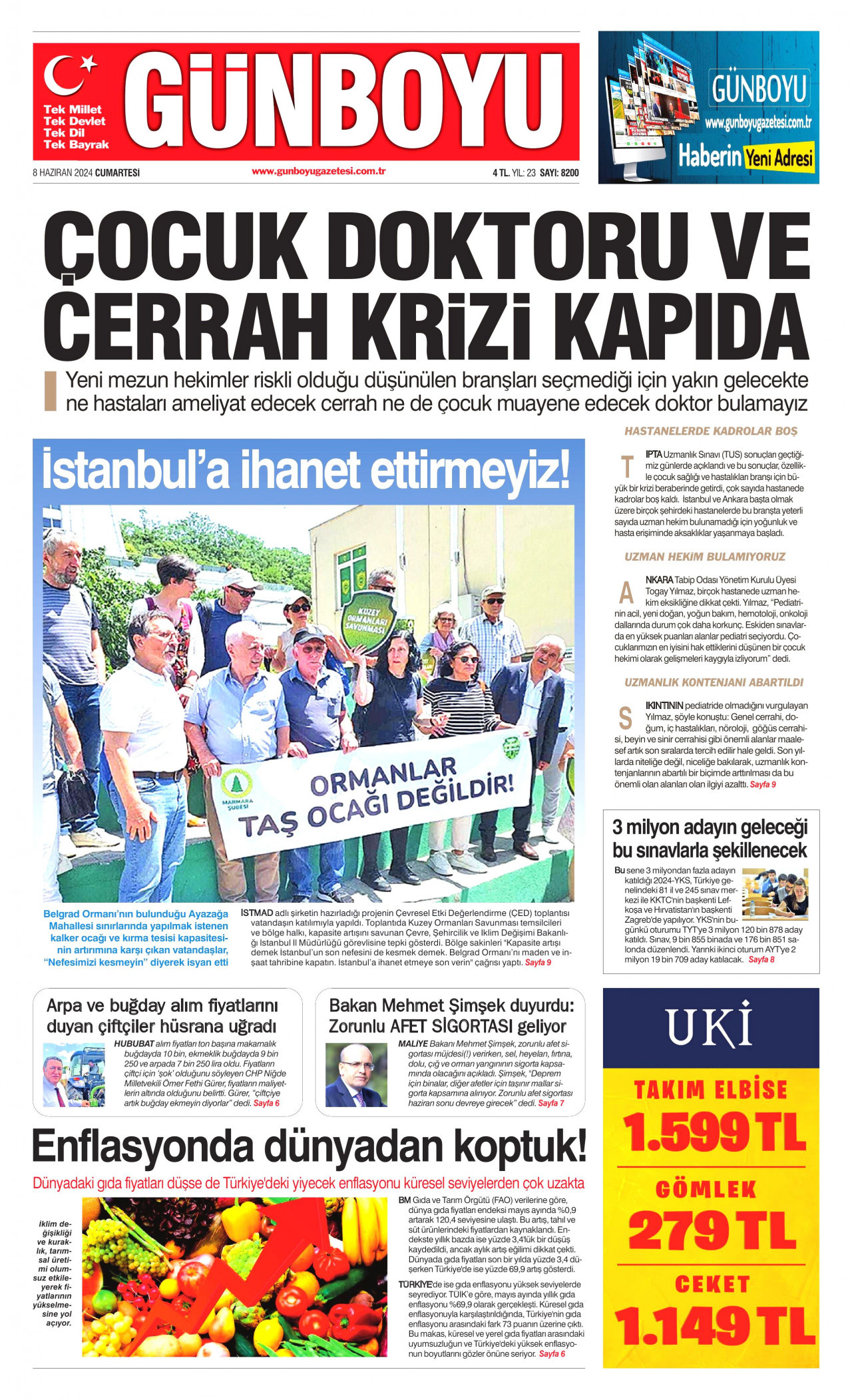 GÜNBOYU gazetesinin 8 Haziran 2024 tarihli birinci sayfası