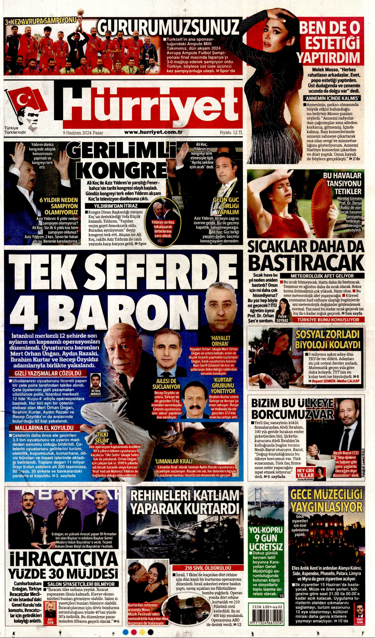 HÜRRİYET gazetesinin 9 Haziran 2024 tarihli birinci sayfası