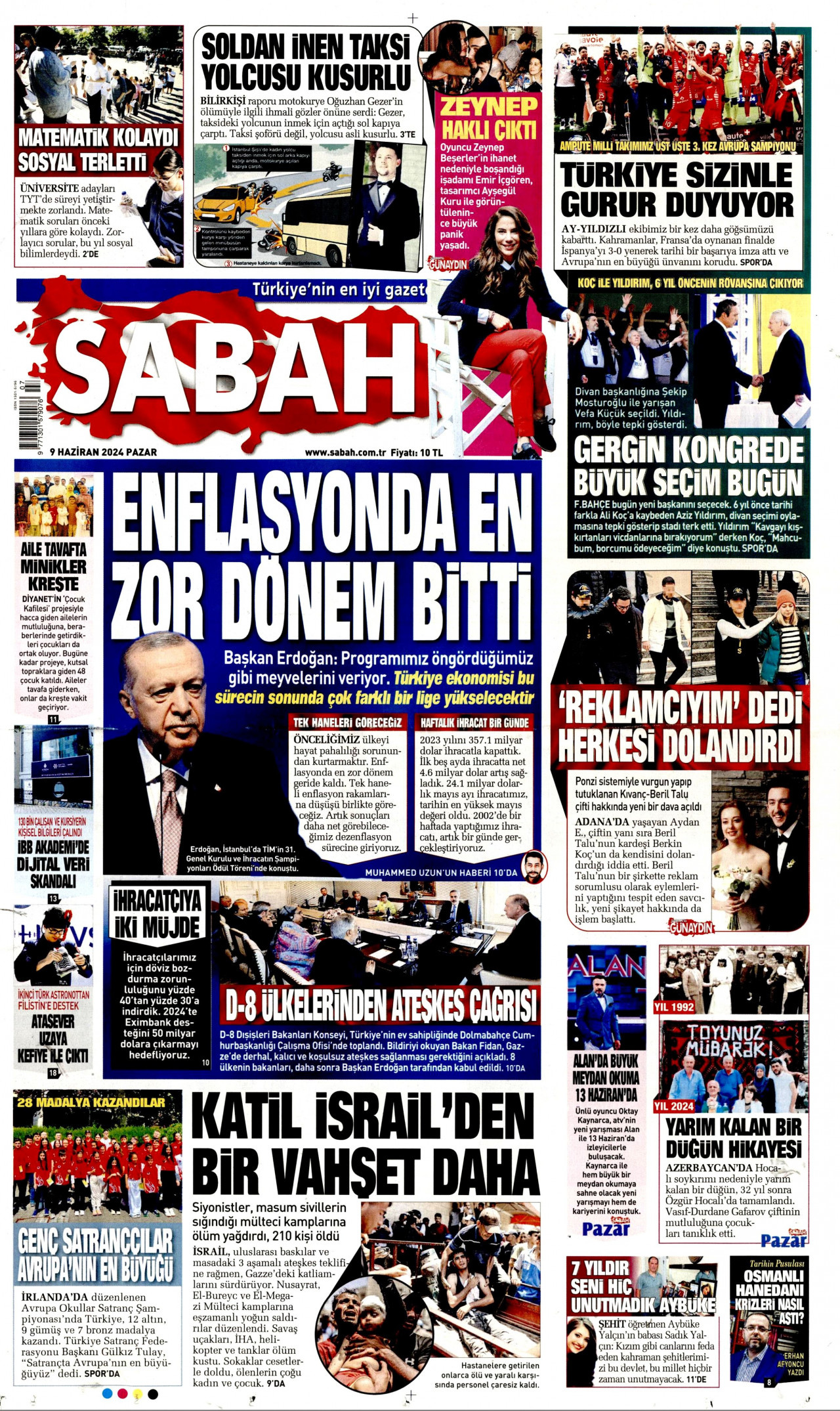 SABAH gazetesinin 9 Haziran 2024 tarihli birinci sayfası