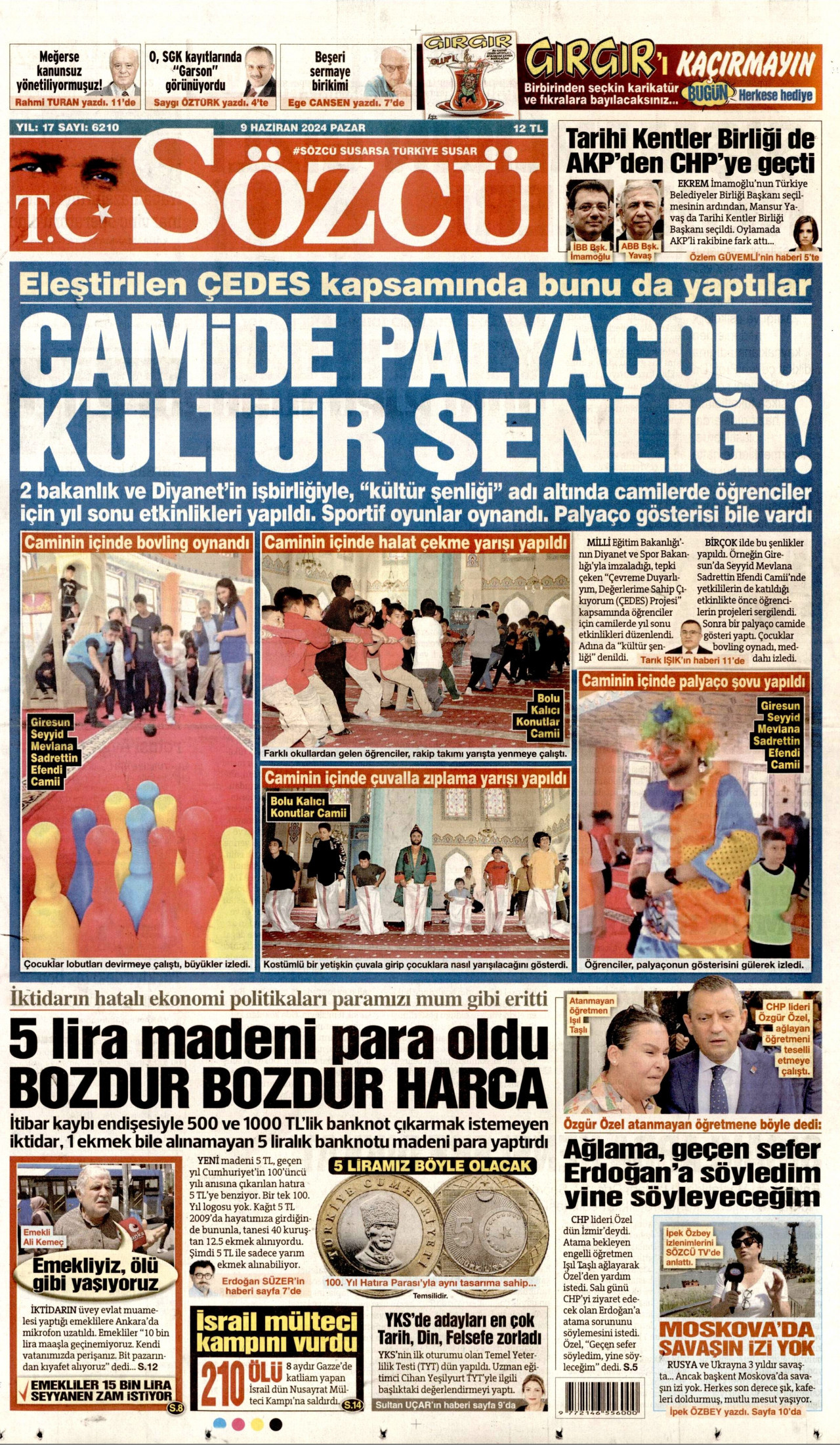 SÖZCÜ gazetesinin 9 Haziran 2024 tarihli birinci sayfası