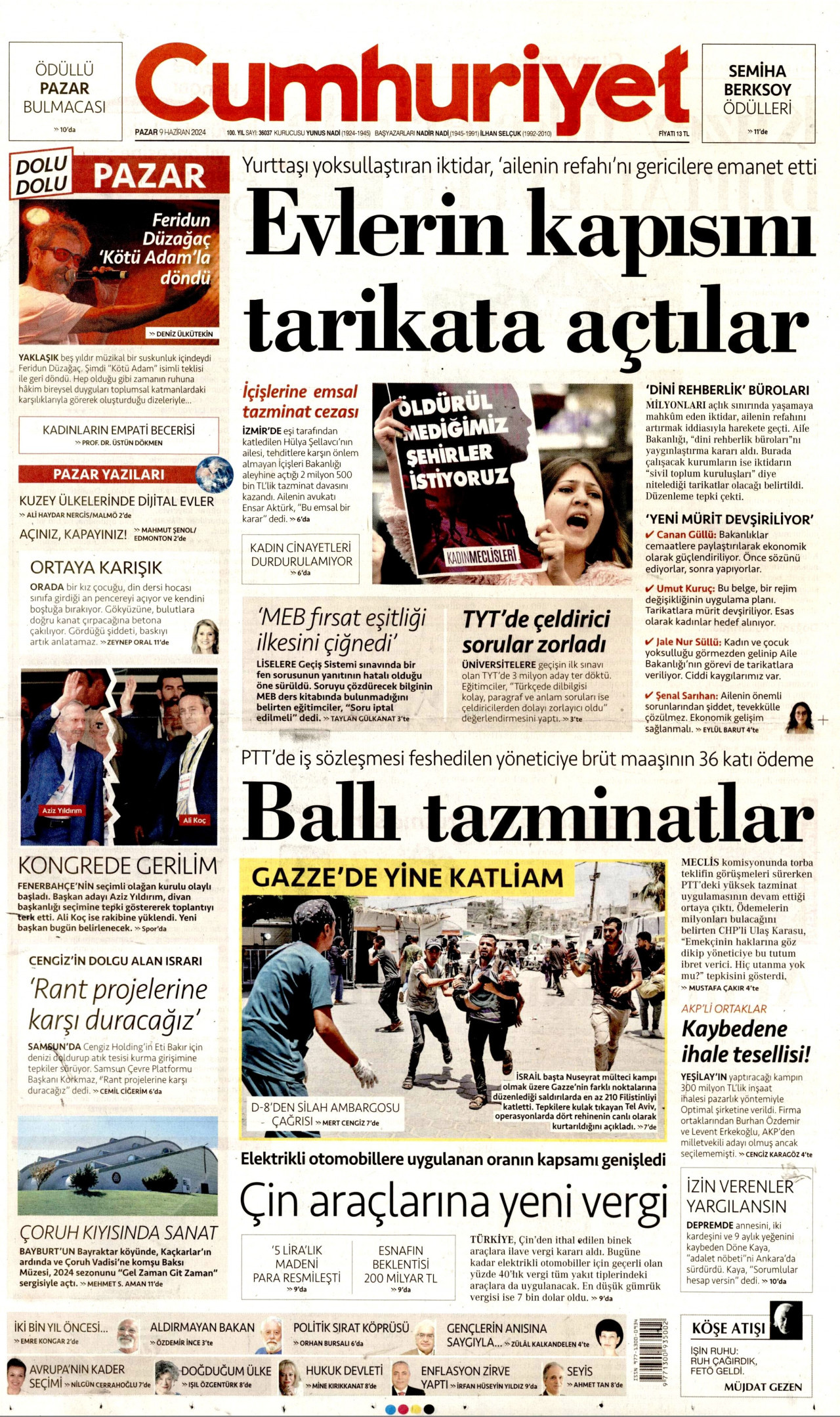 CUMHURİYET gazetesinin 9 Haziran 2024 tarihli birinci sayfası