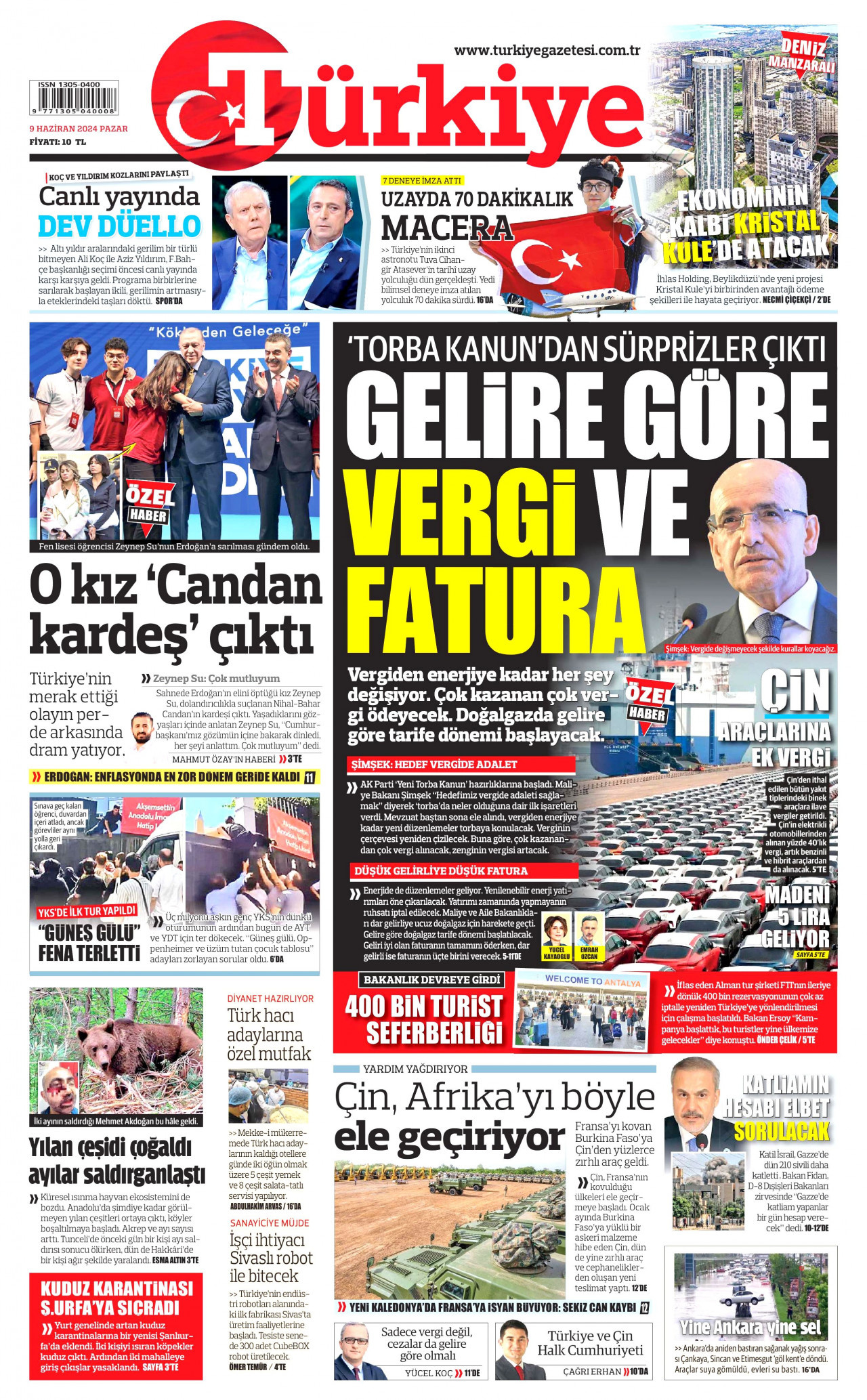 TÜRKİYE GAZETESİ gazetesinin 9 Haziran 2024 tarihli birinci sayfası