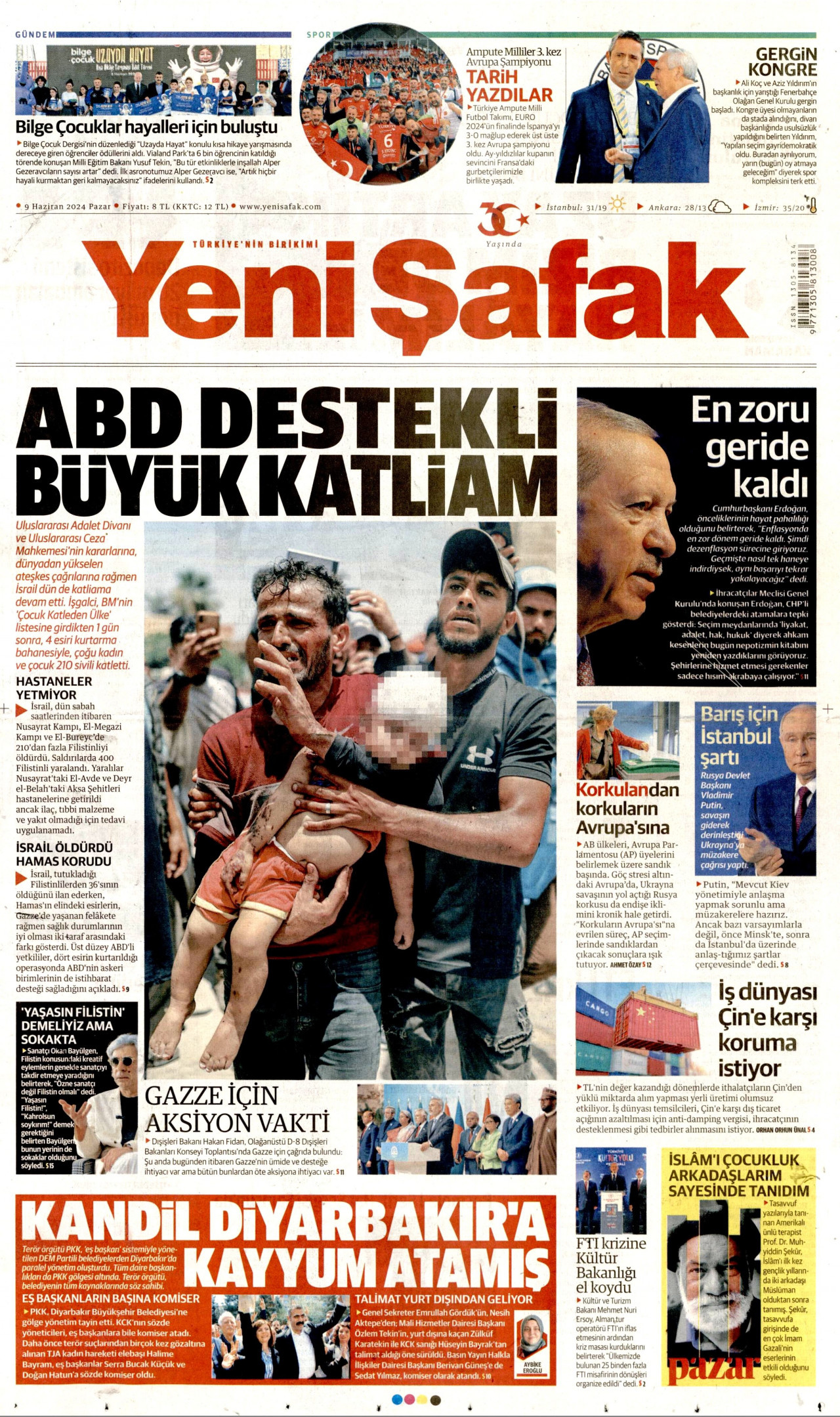 YENİ ŞAFAK gazetesinin 9 Haziran 2024 tarihli birinci sayfası
