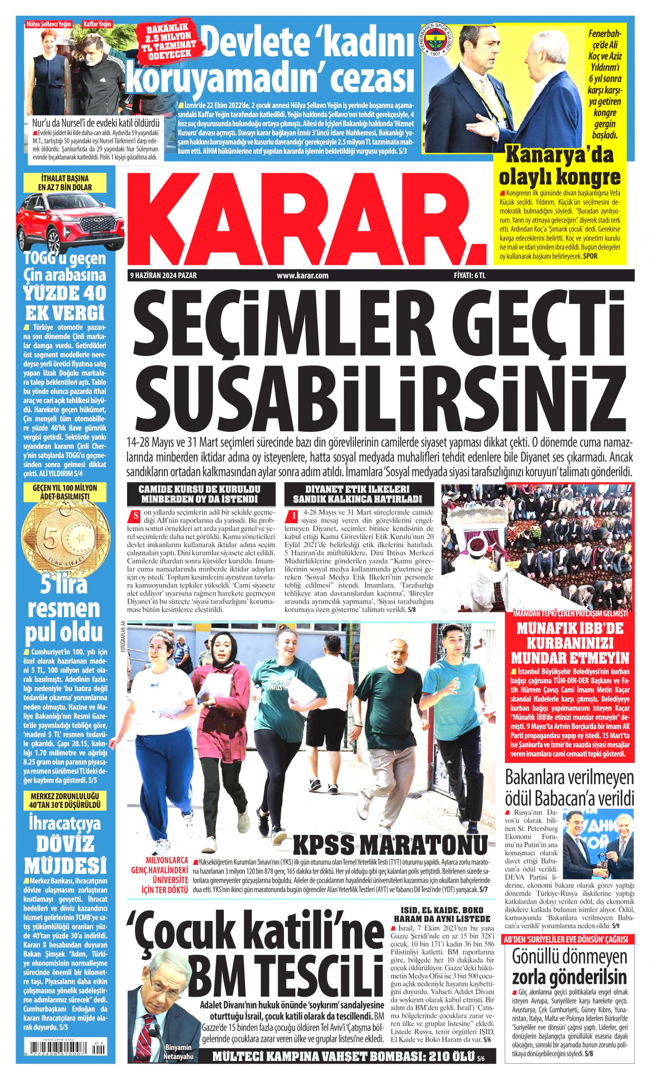 KARAR gazetesinin 9 Haziran 2024 tarihli birinci sayfası