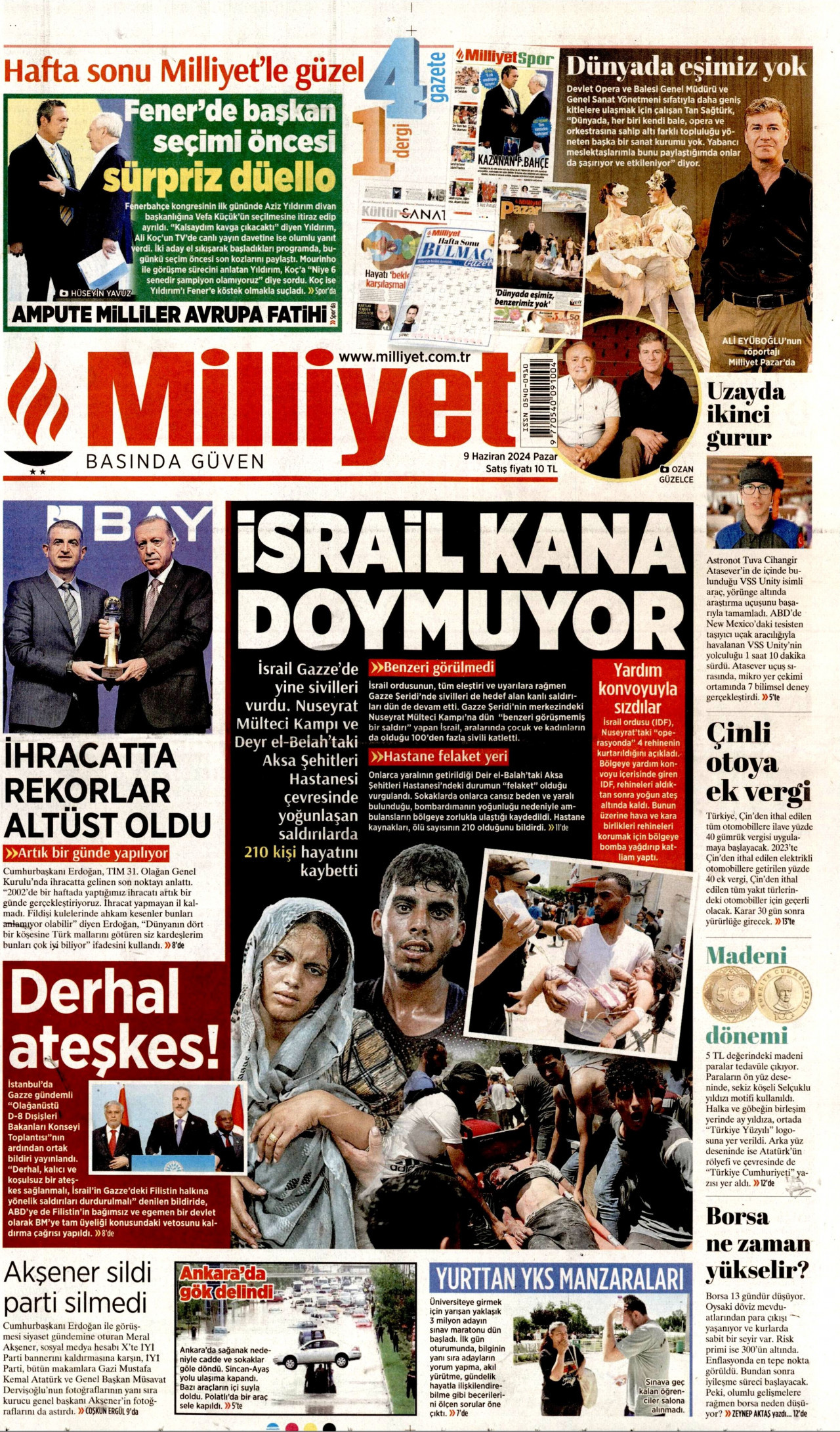 MİLLİYET gazetesinin 9 Haziran 2024 tarihli birinci sayfası