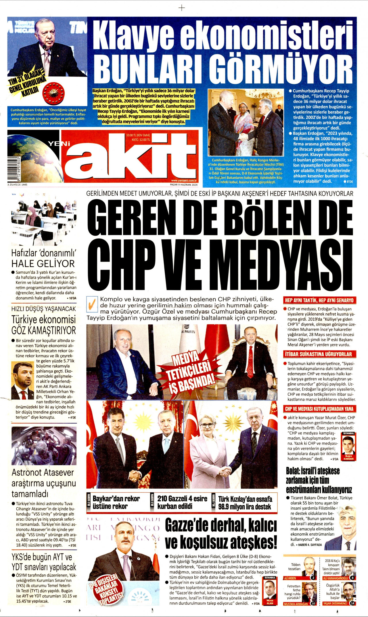 YENİ AKİT gazetesinin 9 Haziran 2024 tarihli birinci sayfası