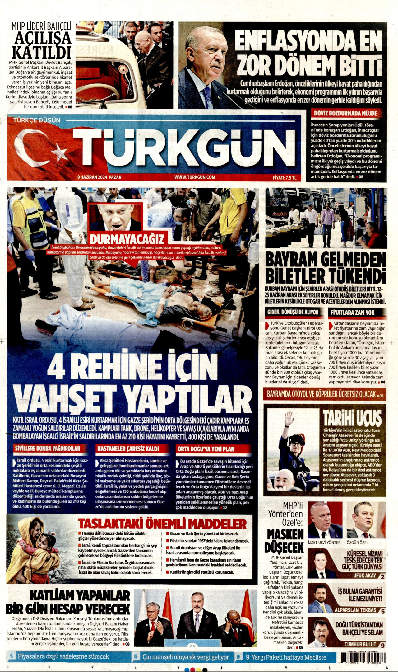 TÜRKGÜN gazetesinin 9 Haziran 2024 tarihli birinci sayfası