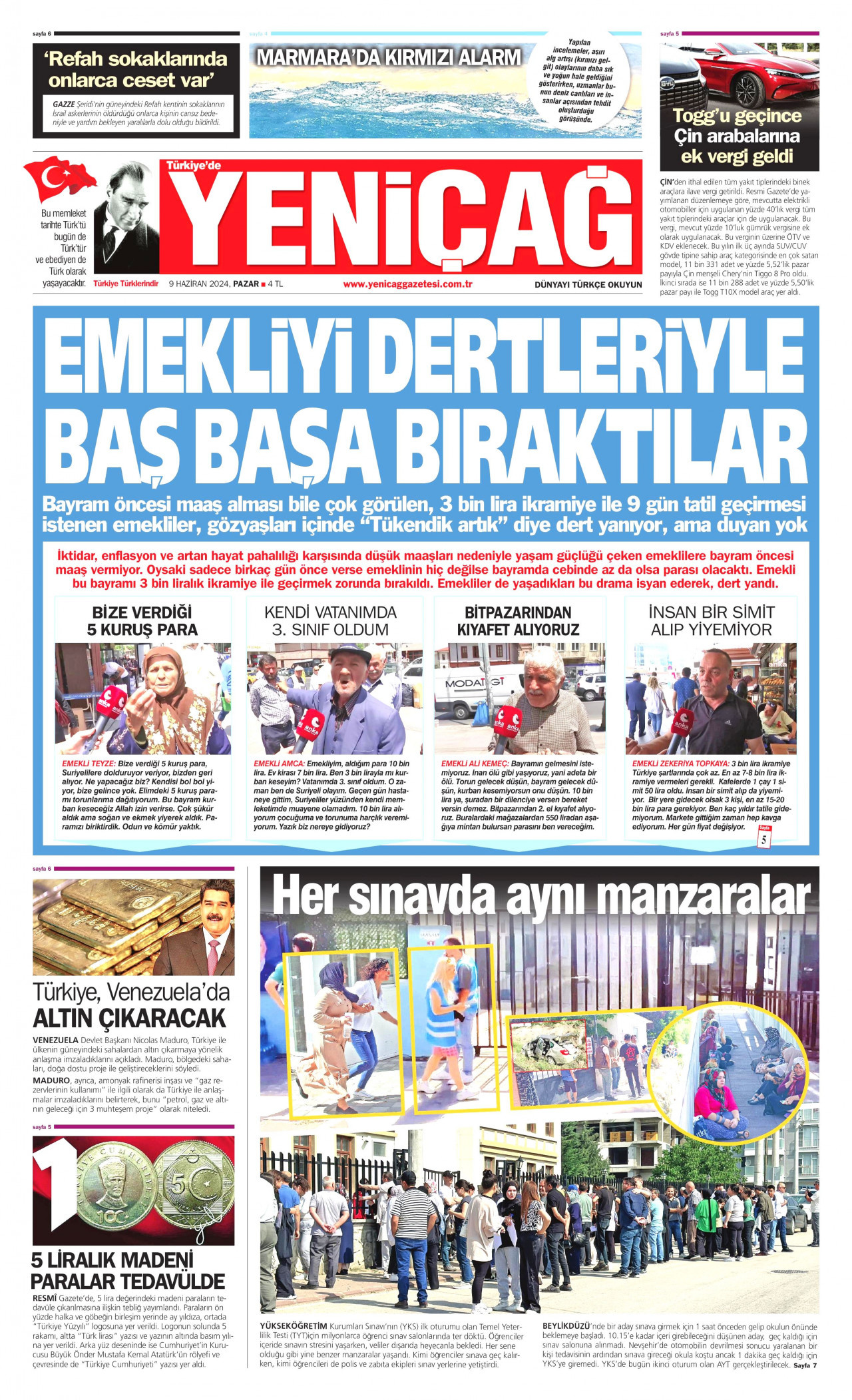 YENİÇAĞ gazetesinin 9 Haziran 2024 tarihli birinci sayfası