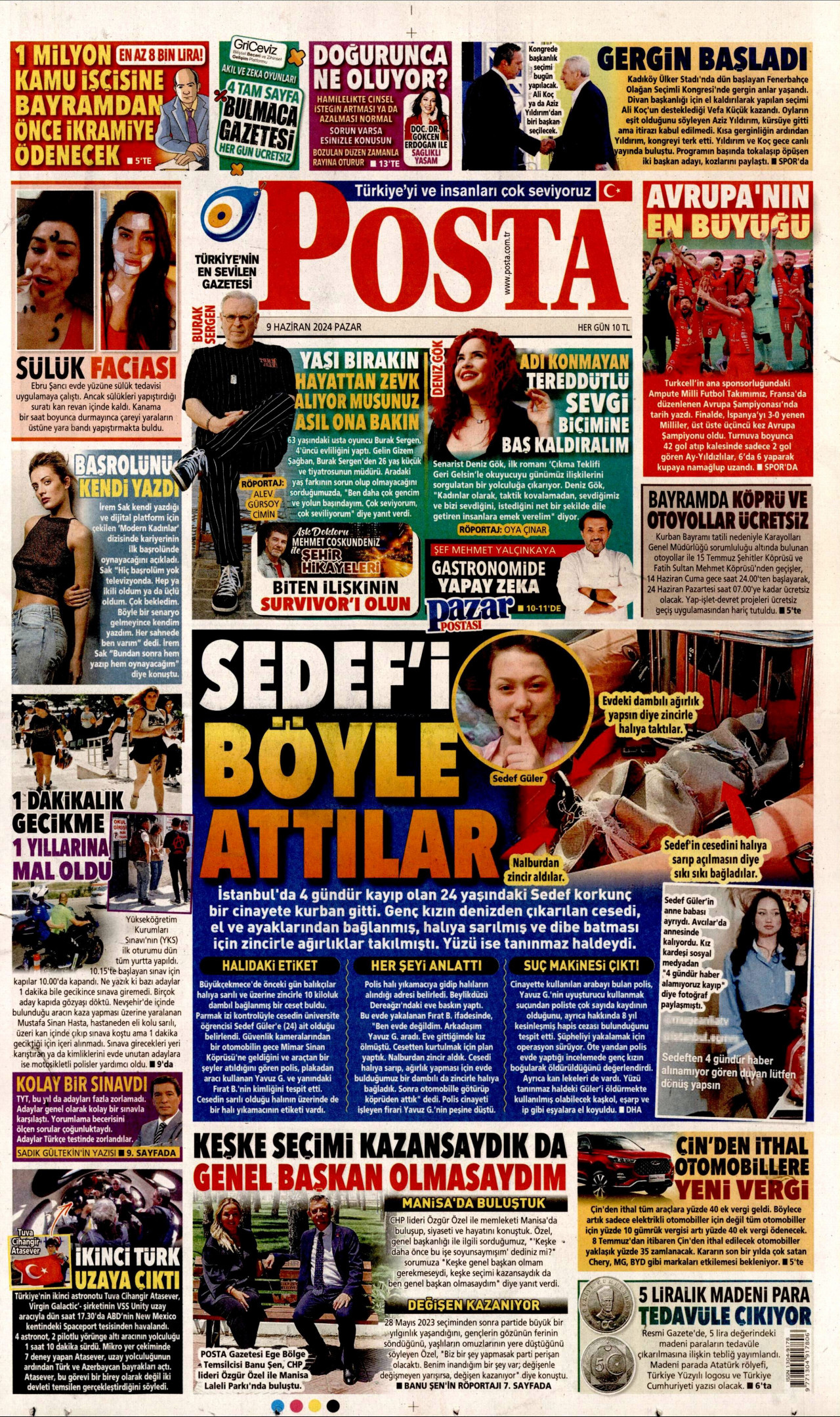 POSTA gazetesinin 9 Haziran 2024 tarihli birinci sayfası