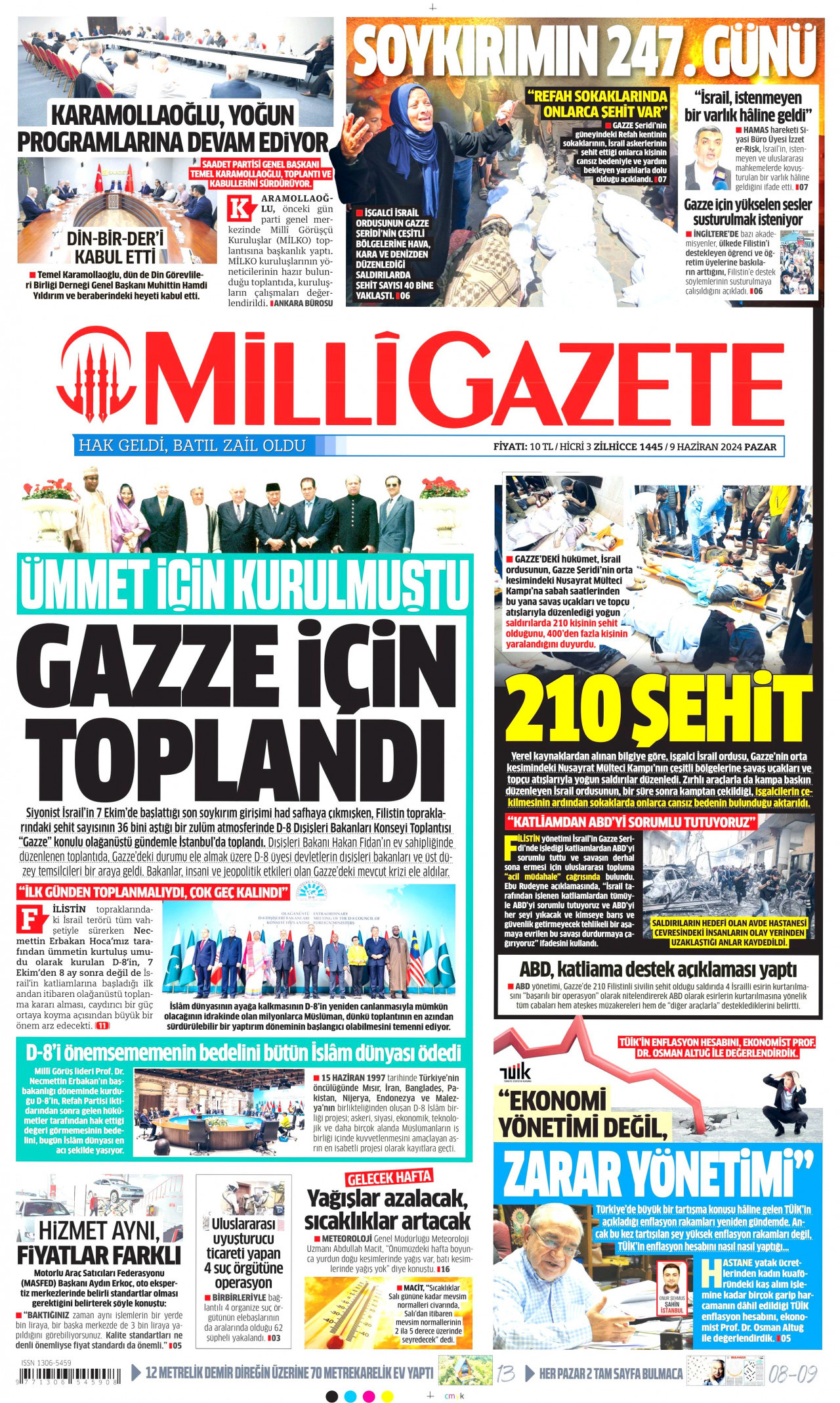 MİLLİ GAZETE gazetesinin 9 Haziran 2024 tarihli birinci sayfası