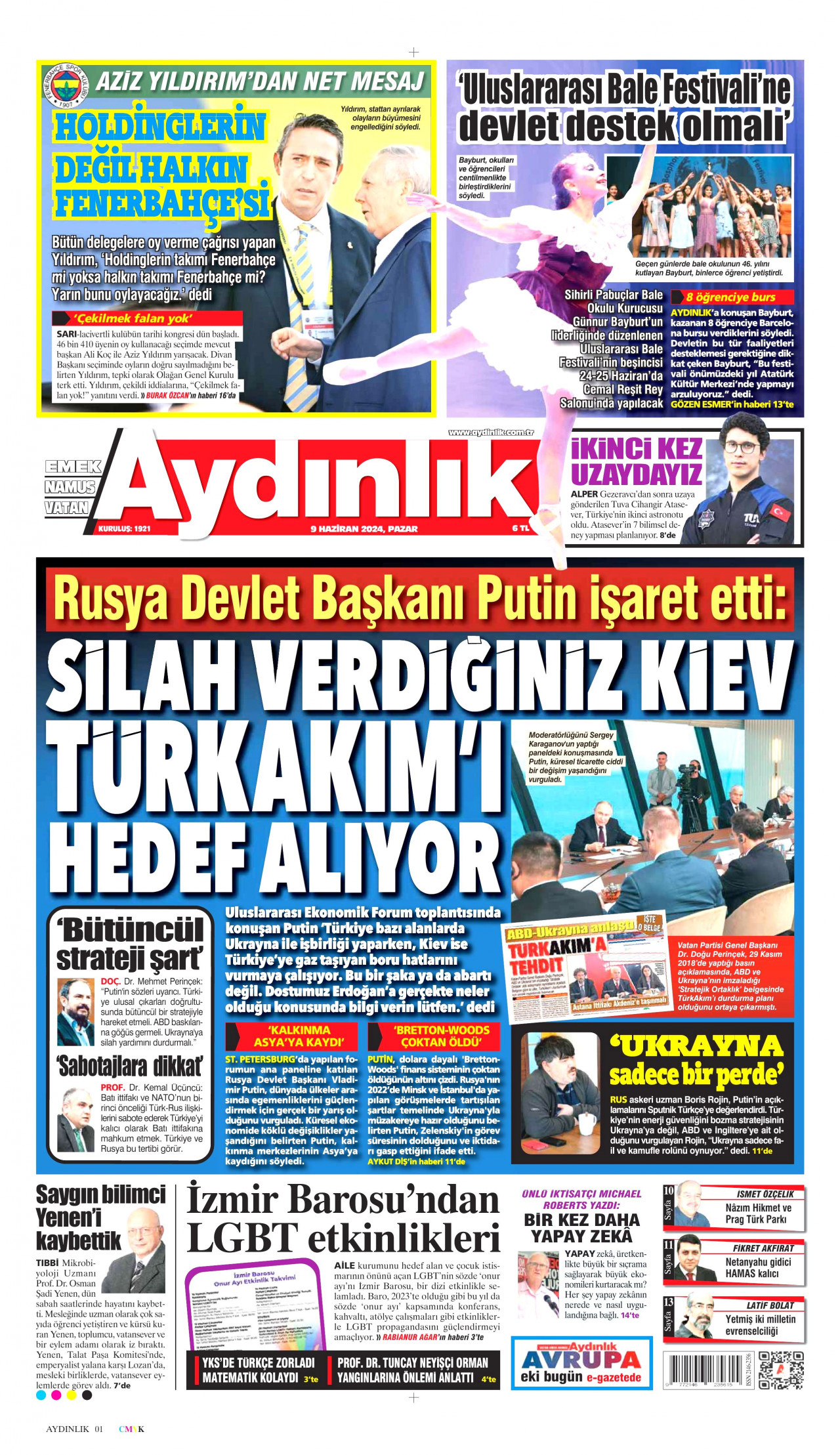 AYDINLIK GAZETESİ gazetesinin 9 Haziran 2024 tarihli birinci sayfası