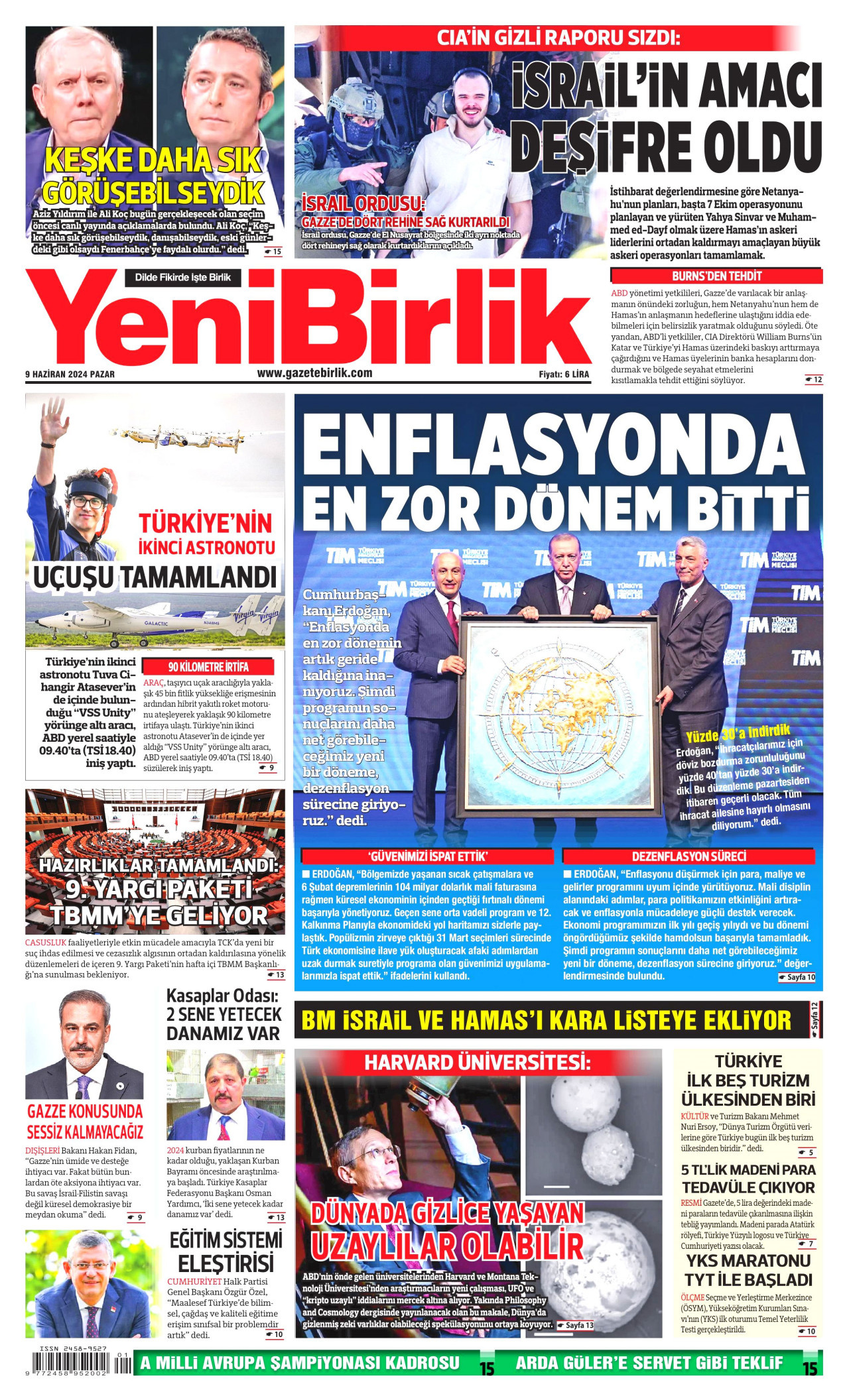 YENİBİRLİK gazetesinin 9 Haziran 2024 tarihli birinci sayfası