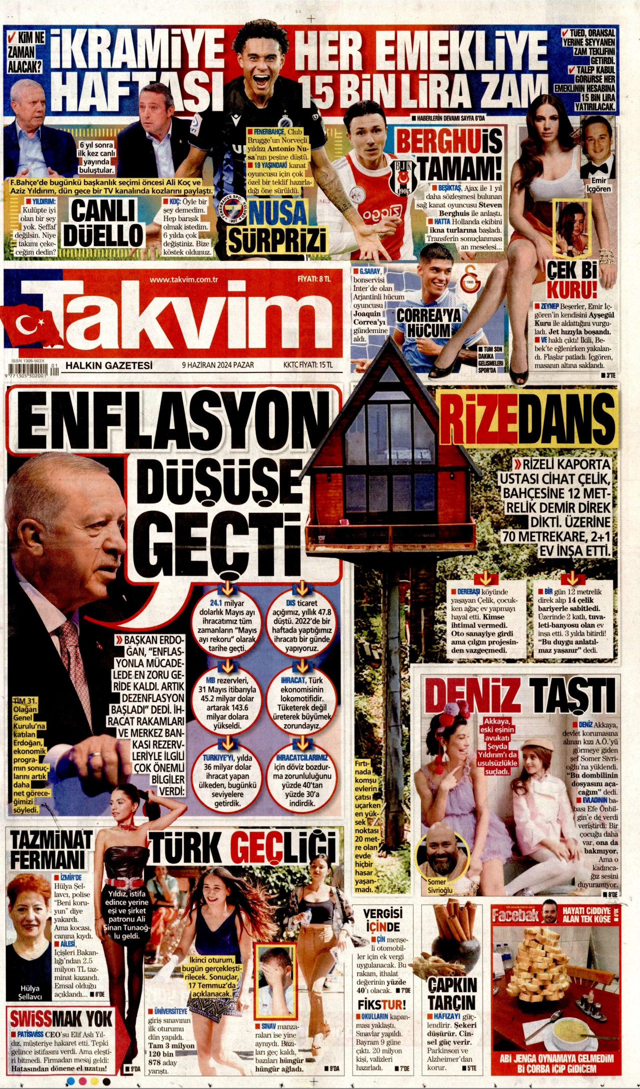 TAKVİM gazetesinin 9 Haziran 2024 tarihli birinci sayfası