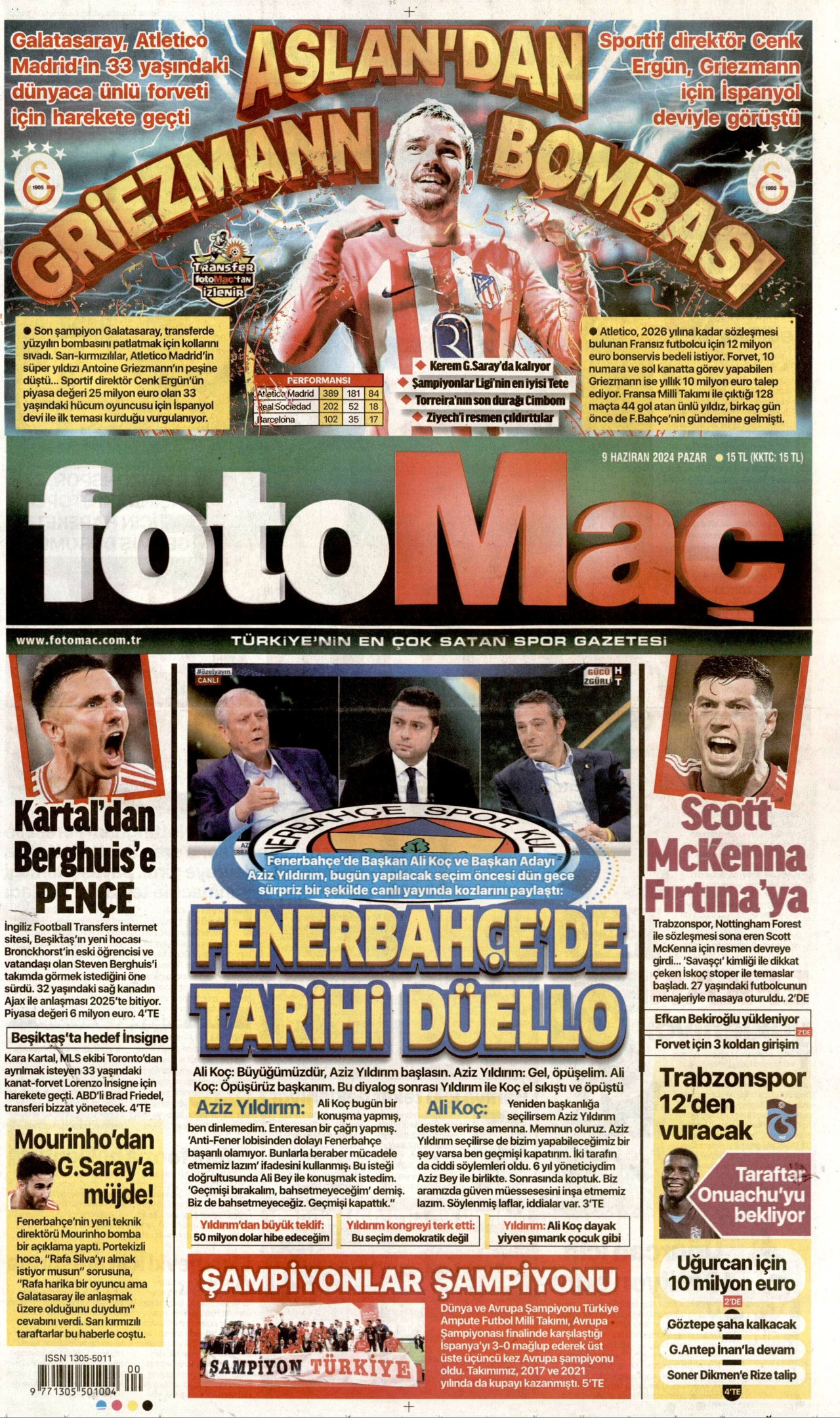 FOTOMAÇ gazetesinin 9 Haziran 2024 tarihli birinci sayfası