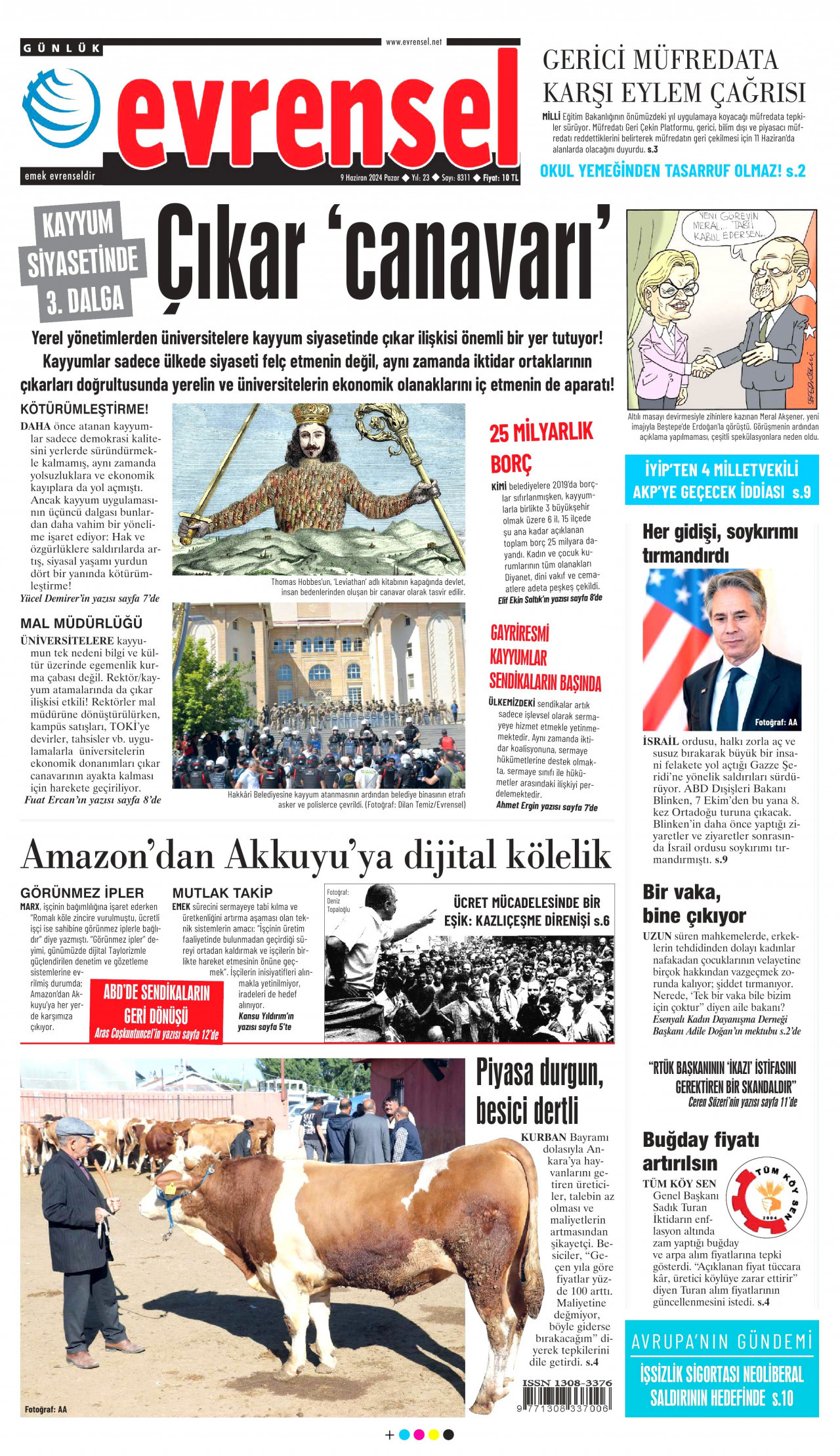 EVRENSEL gazetesinin 9 Haziran 2024 tarihli birinci sayfası