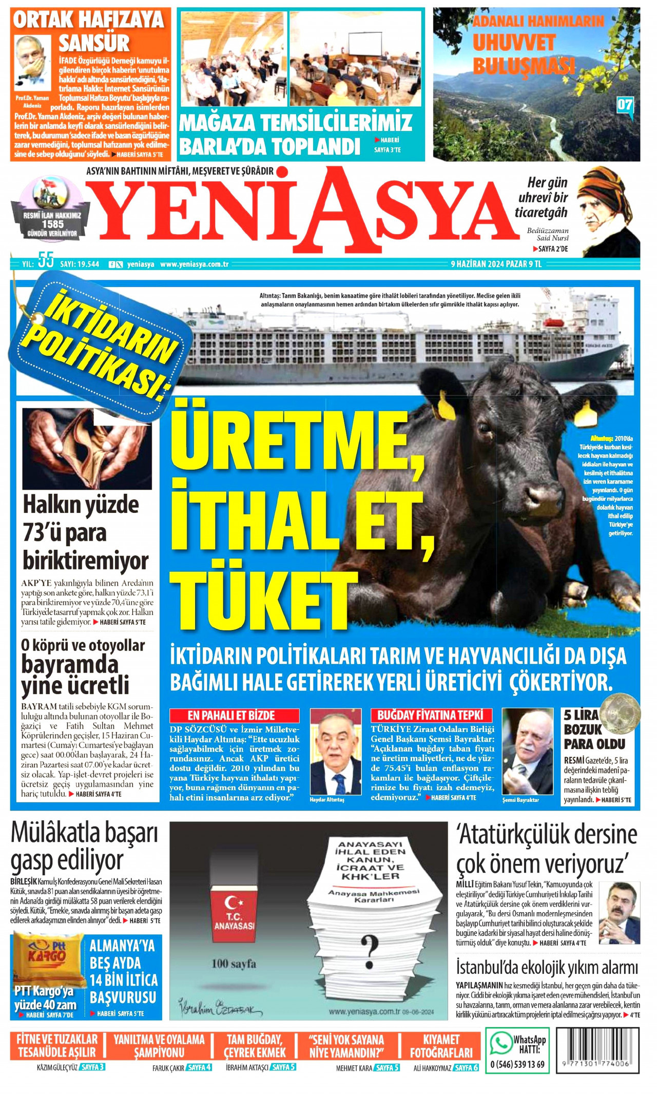 YENİ ASYA gazetesinin 9 Haziran 2024 tarihli birinci sayfası