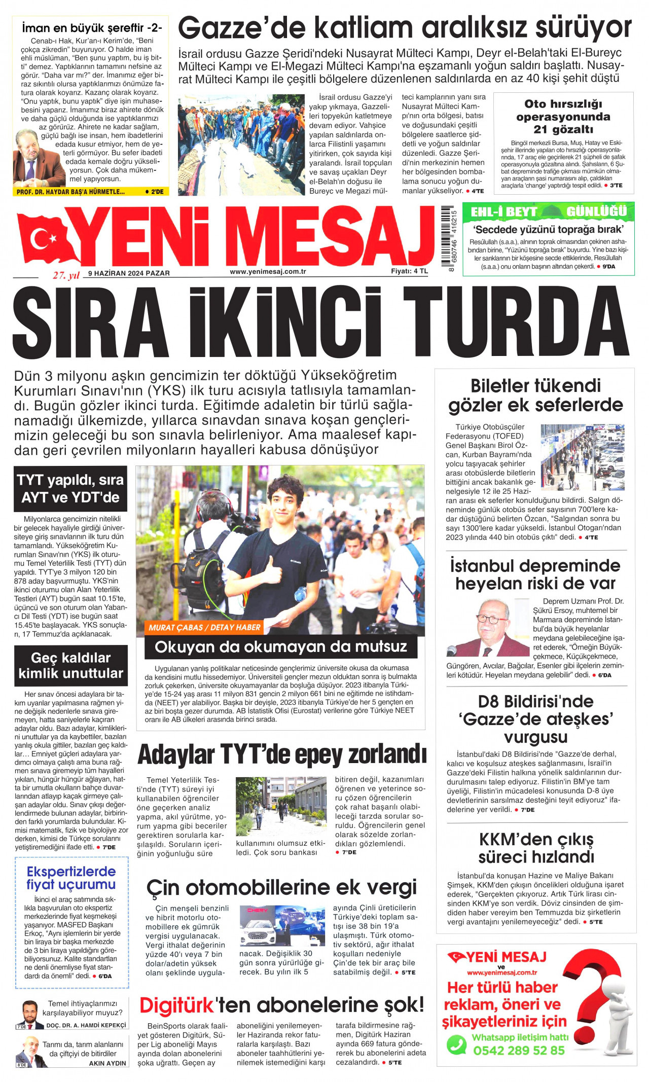 YENİ MESAJ gazetesinin 9 Haziran 2024 tarihli birinci sayfası