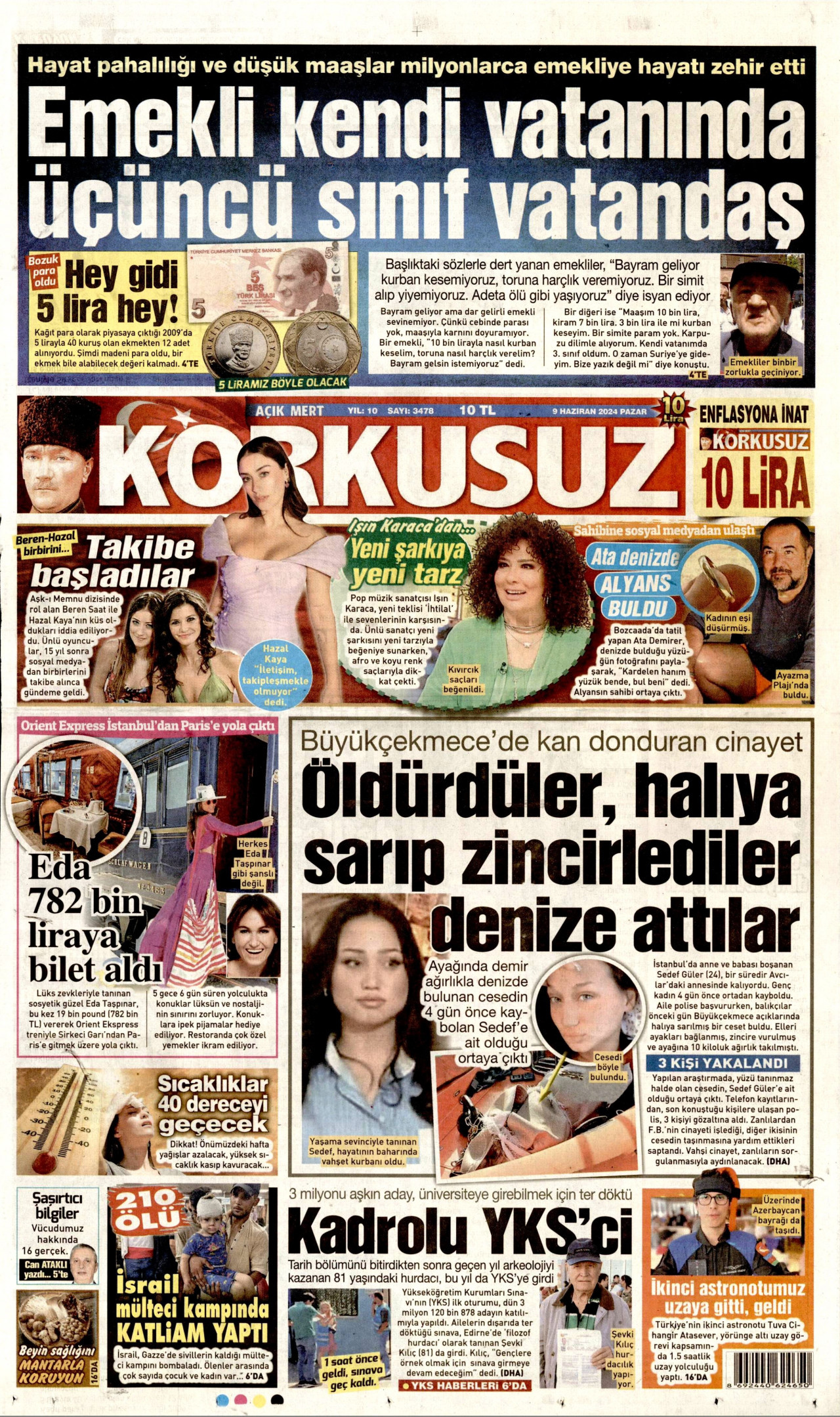KORKUSUZ gazetesinin 9 Haziran 2024 tarihli birinci sayfası