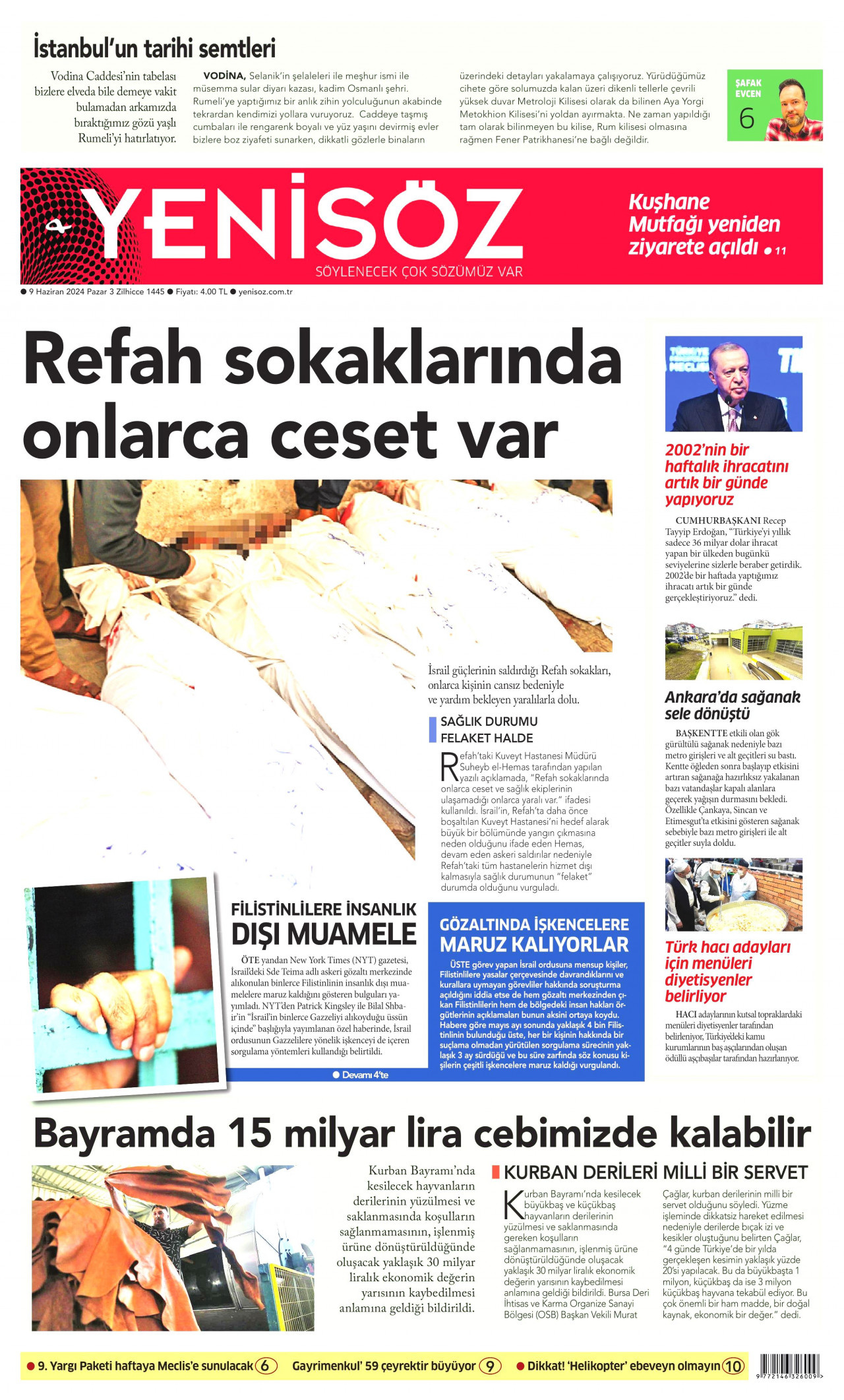 YENİ SÖZ GAZETESİ gazetesinin 9 Haziran 2024 tarihli birinci sayfası