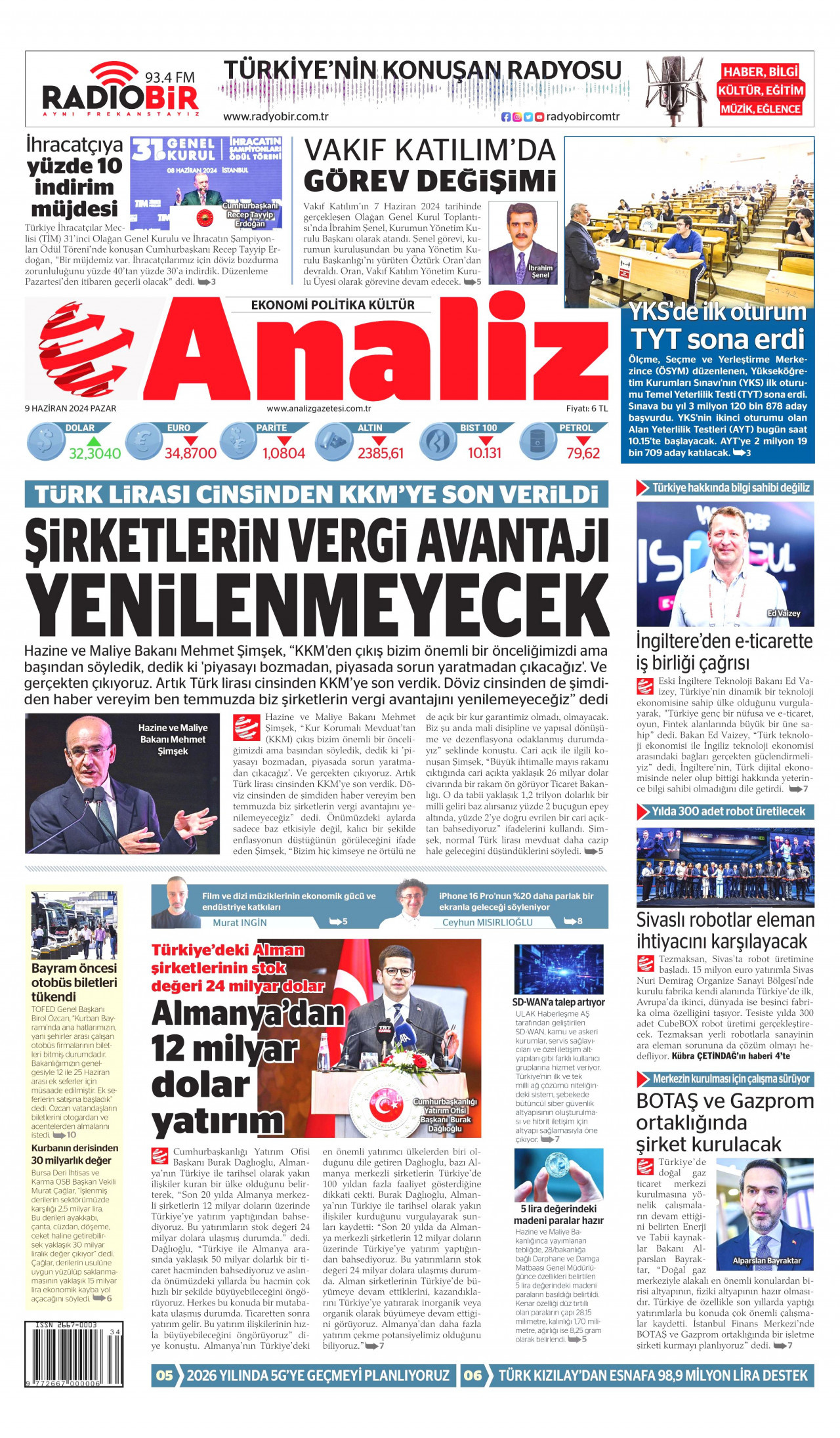 ANALİZ gazetesinin 9 Haziran 2024 tarihli birinci sayfası