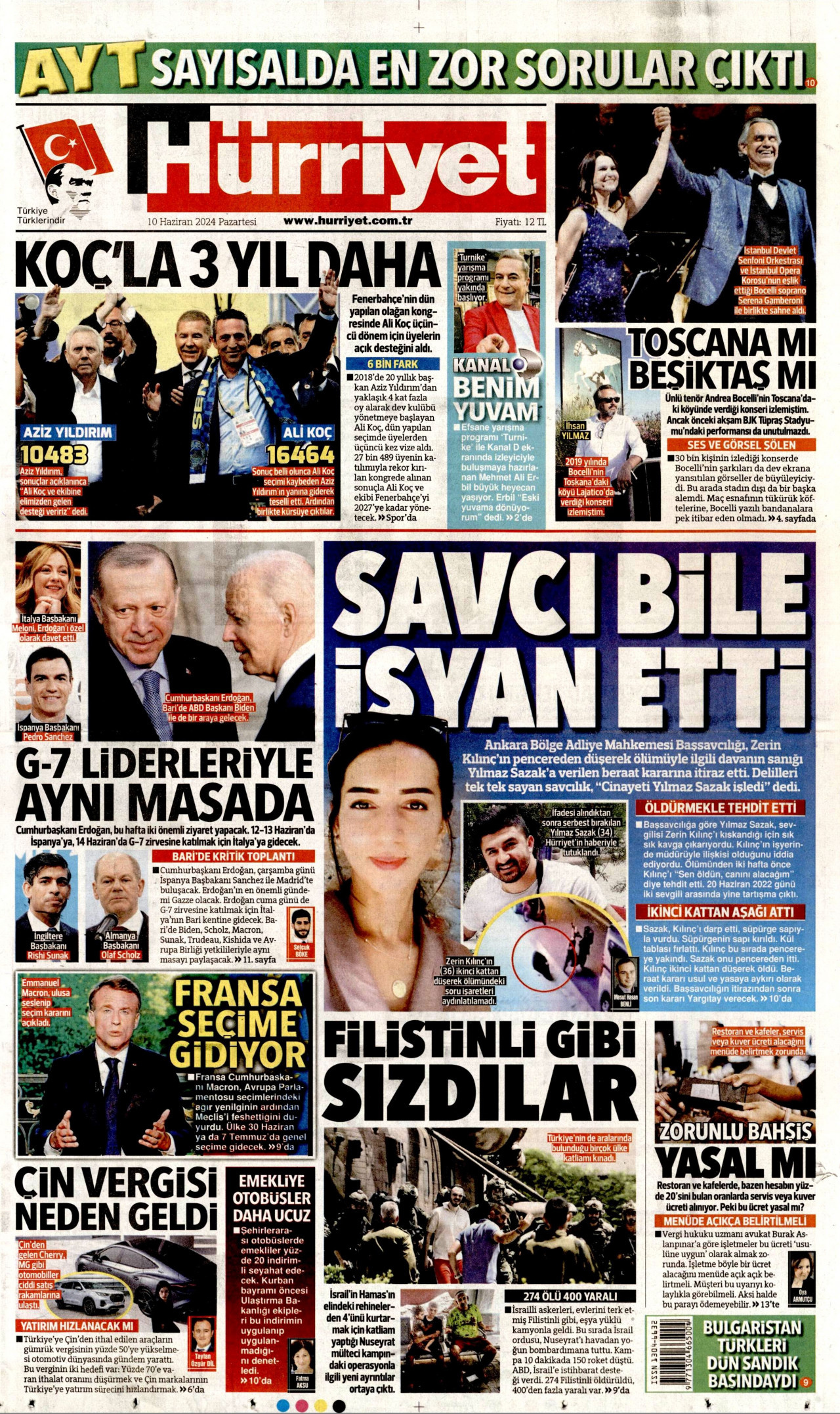 HÜRRİYET gazetesinin 10 Haziran 2024 tarihli birinci sayfası