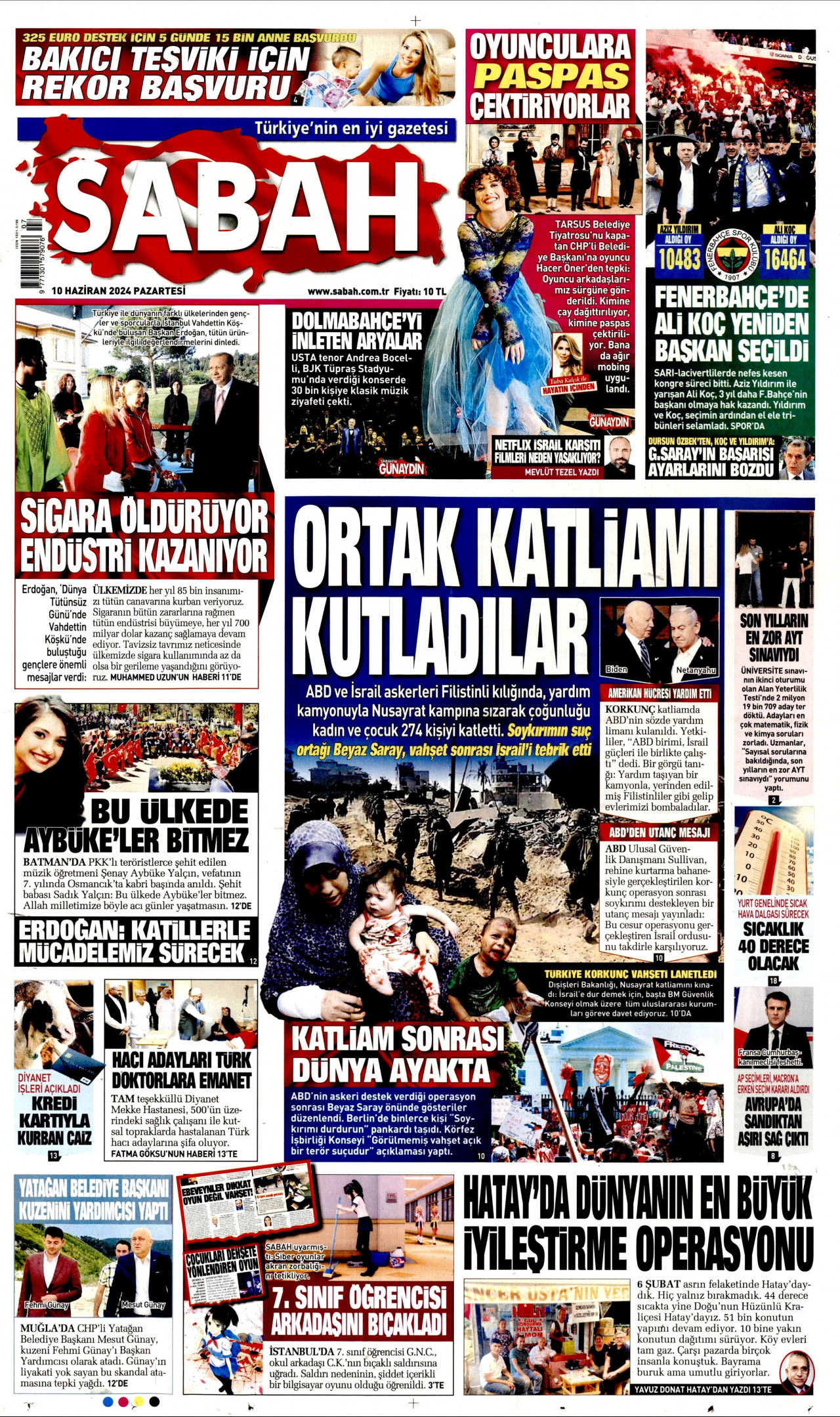 SABAH gazetesinin 10 Haziran 2024 tarihli birinci sayfası