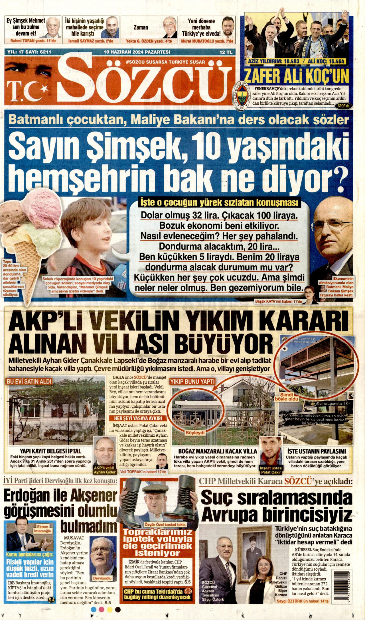 SÖZCÜ gazetesinin 10 Haziran 2024 tarihli birinci sayfası