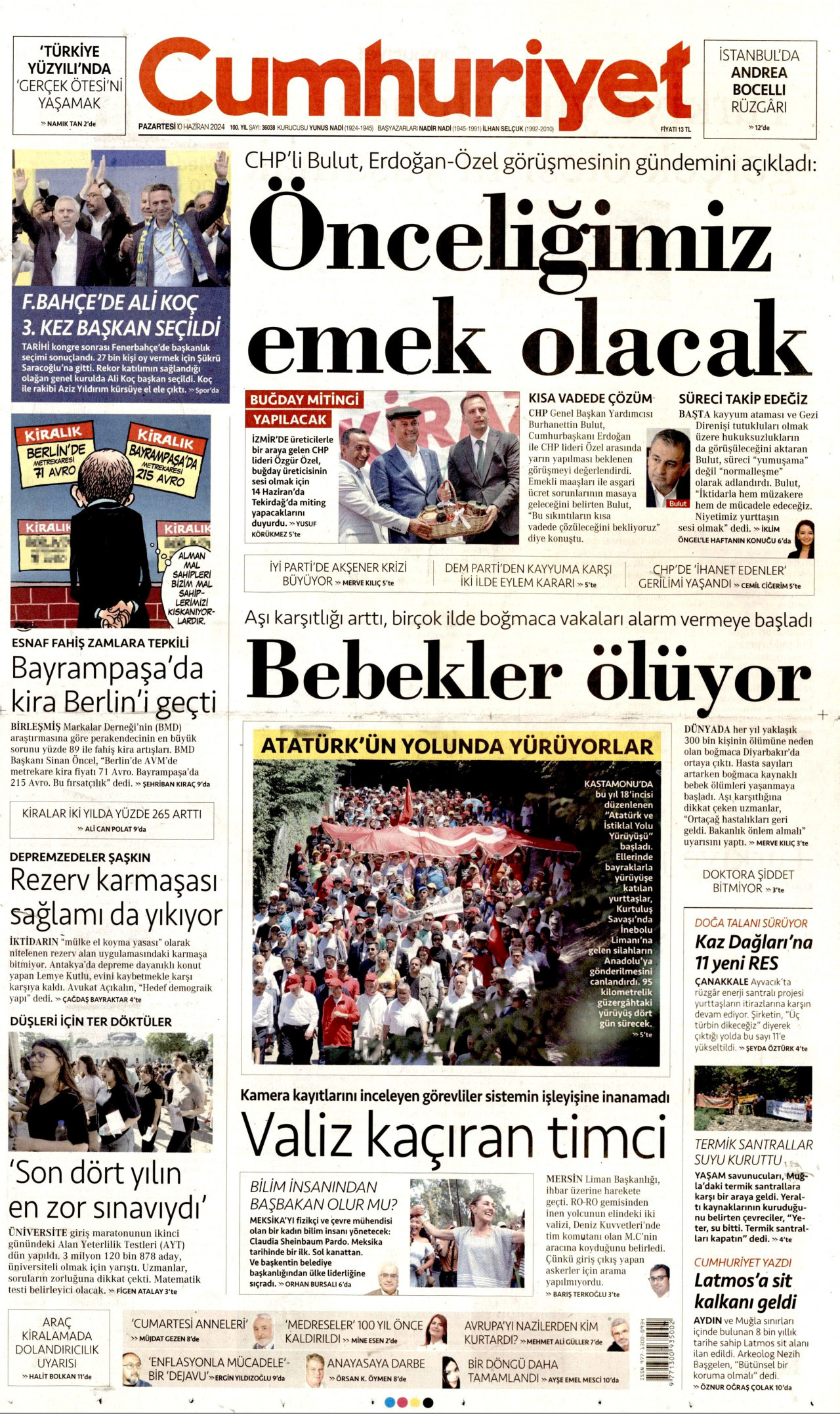 CUMHURİYET gazetesinin 10 Haziran 2024 tarihli birinci sayfası
