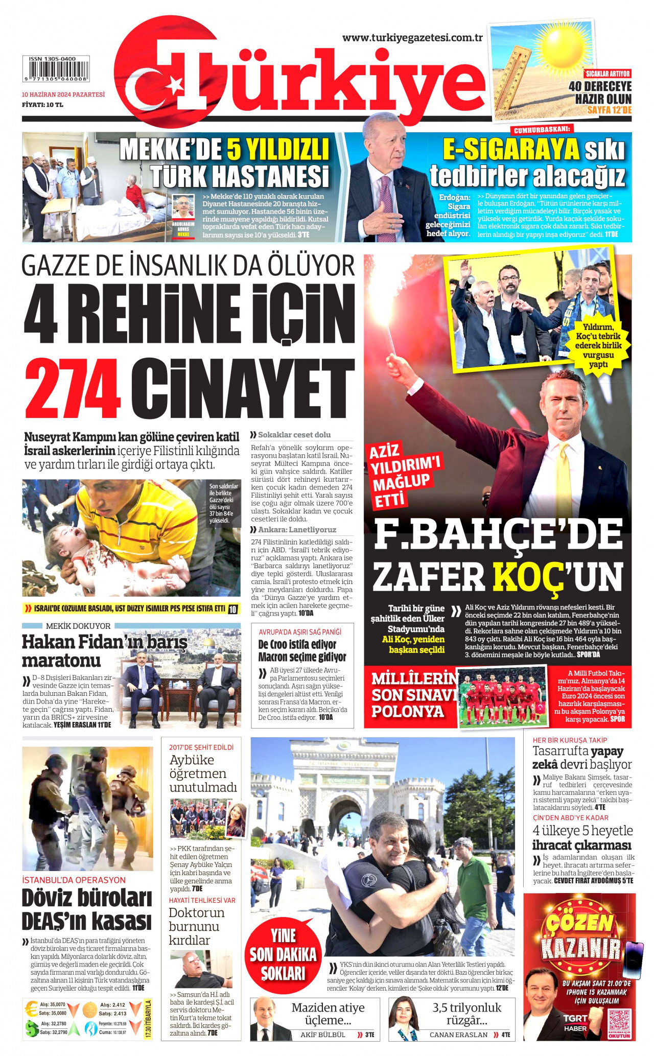 TÜRKİYE GAZETESİ gazetesinin 10 Haziran 2024 tarihli birinci sayfası