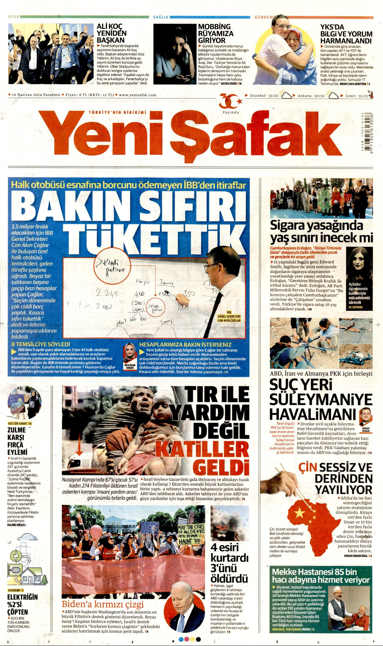 YENİ ŞAFAK gazetesinin 10 Haziran 2024 tarihli birinci sayfası