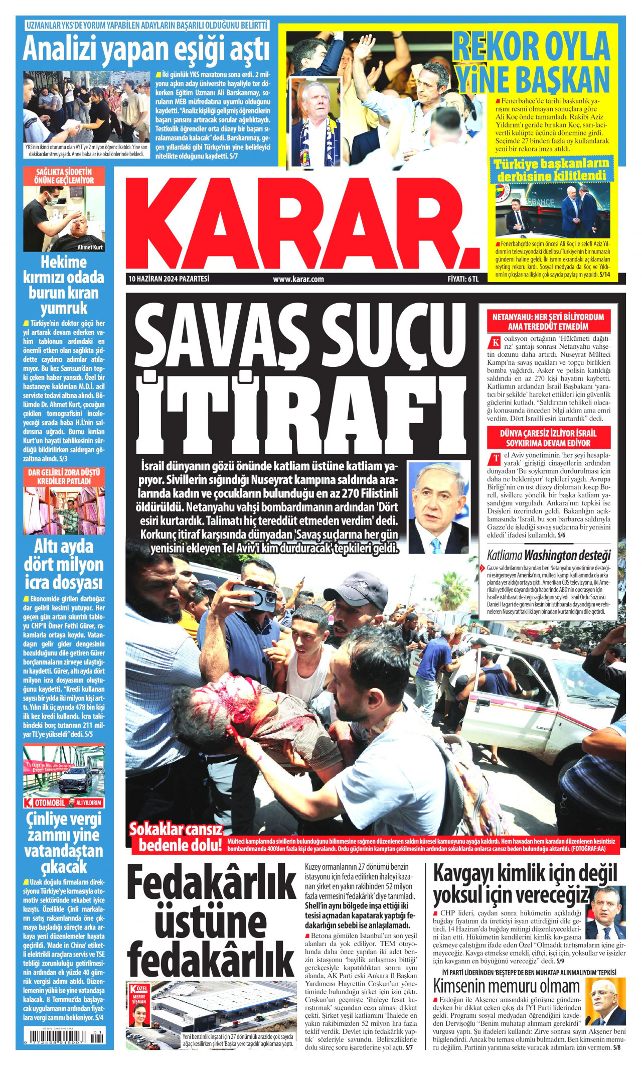 KARAR gazetesinin 10 Haziran 2024 tarihli birinci sayfası