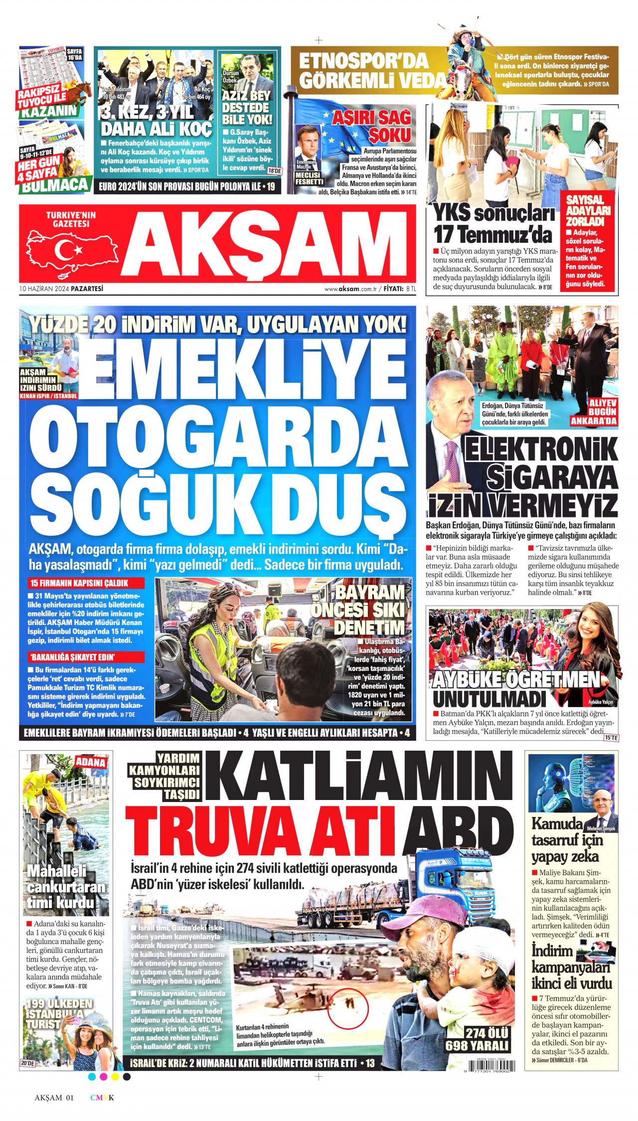 AKŞAM gazetesinin 10 Haziran 2024 tarihli birinci sayfası