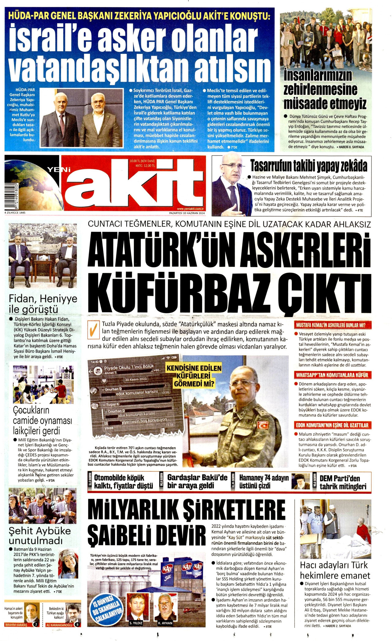 YENİ AKİT gazetesinin 10 Haziran 2024 tarihli birinci sayfası