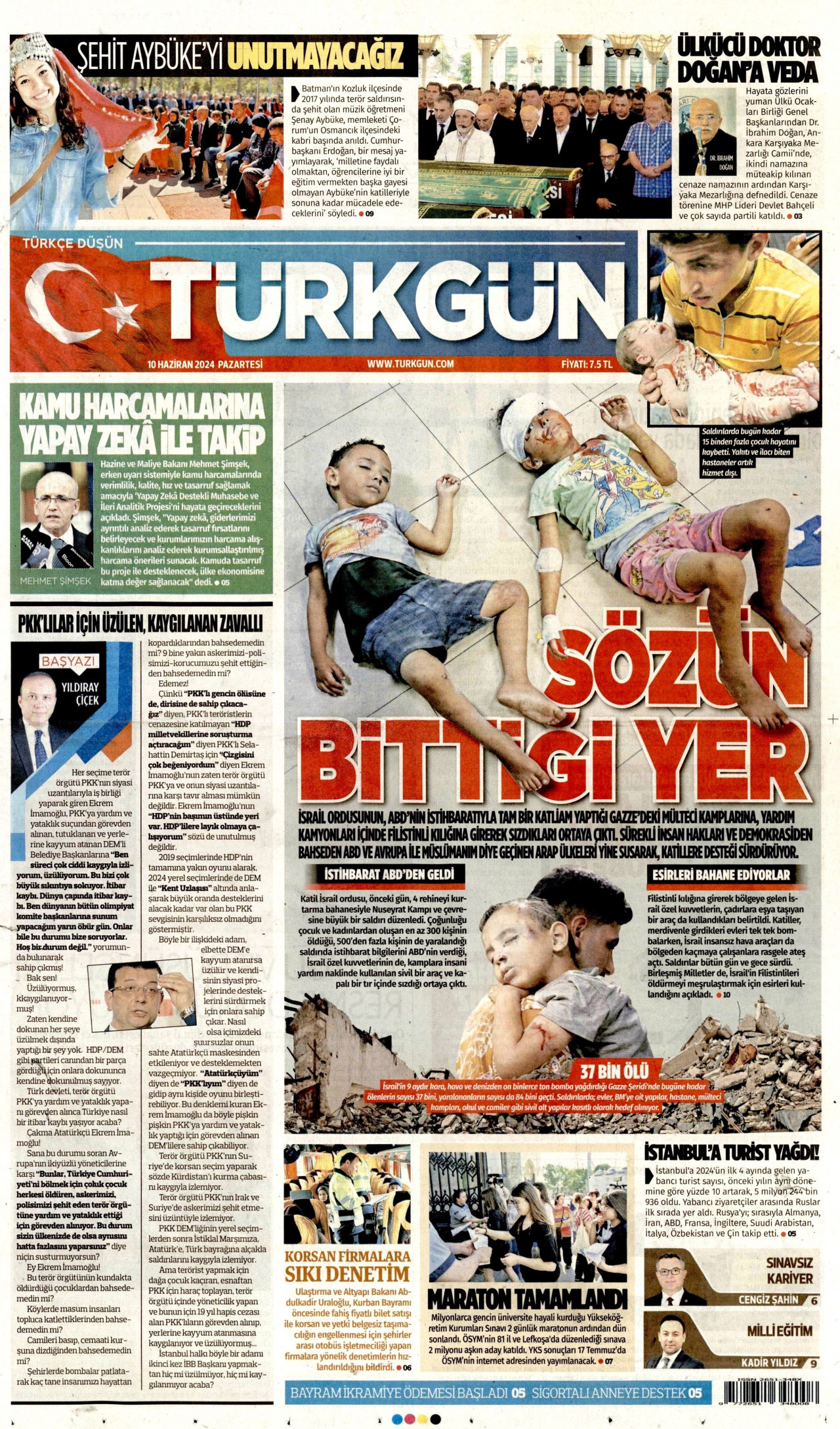TÜRKGÜN gazetesinin 10 Haziran 2024 tarihli birinci sayfası