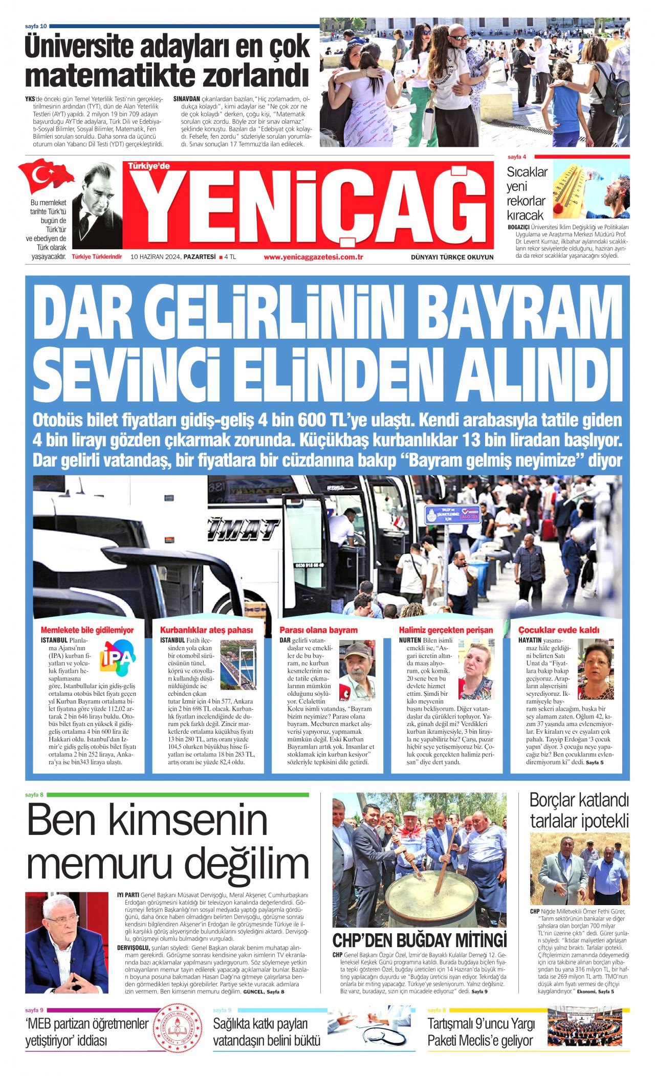 YENİÇAĞ gazetesinin 10 Haziran 2024 tarihli birinci sayfası