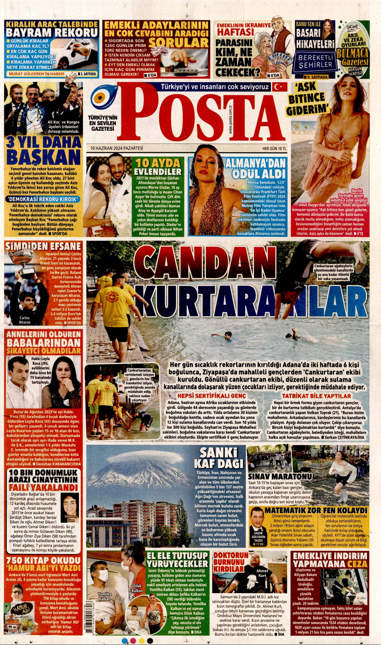 POSTA gazetesinin 10 Haziran 2024 tarihli birinci sayfası