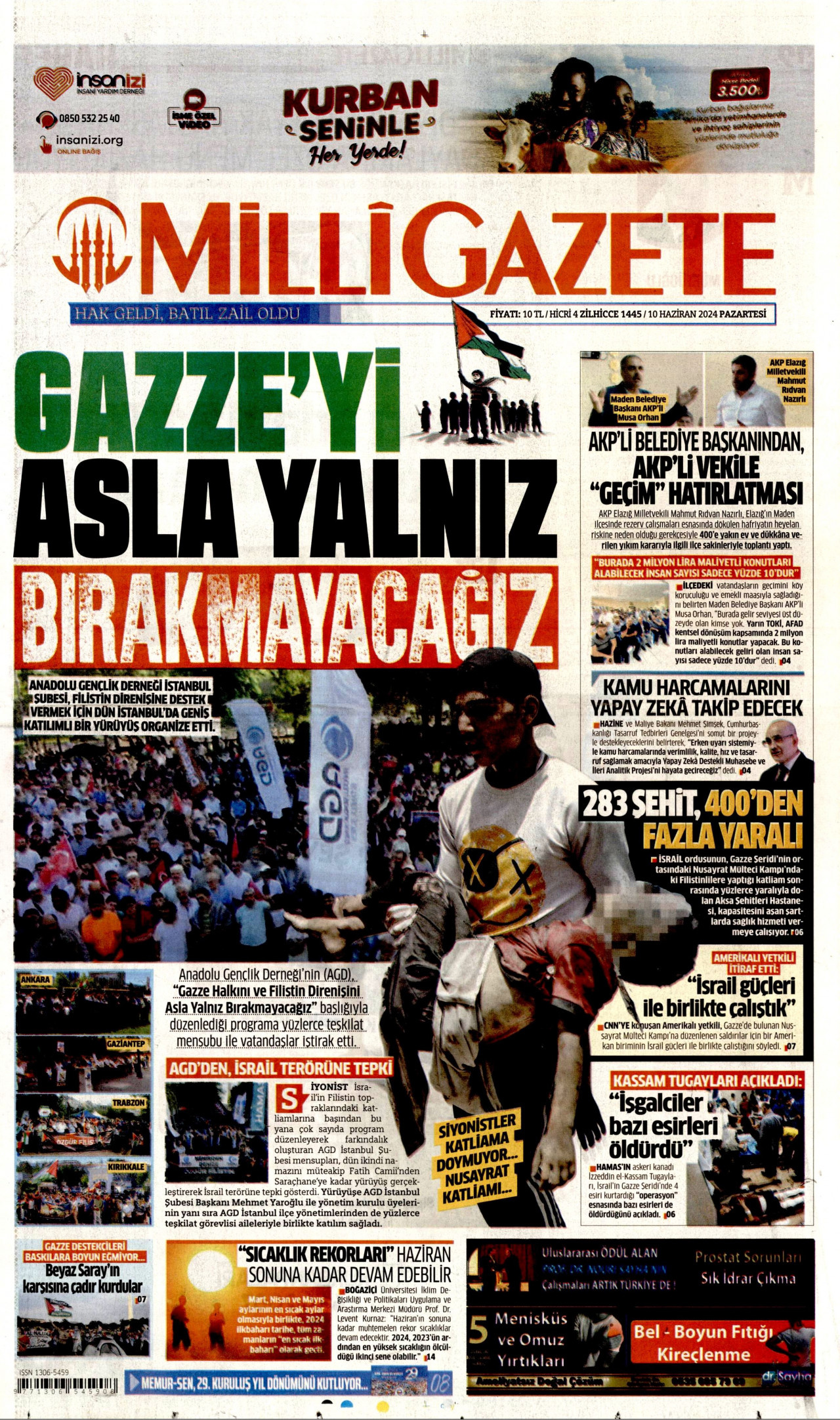 MİLLİ GAZETE gazetesinin 10 Haziran 2024 tarihli birinci sayfası